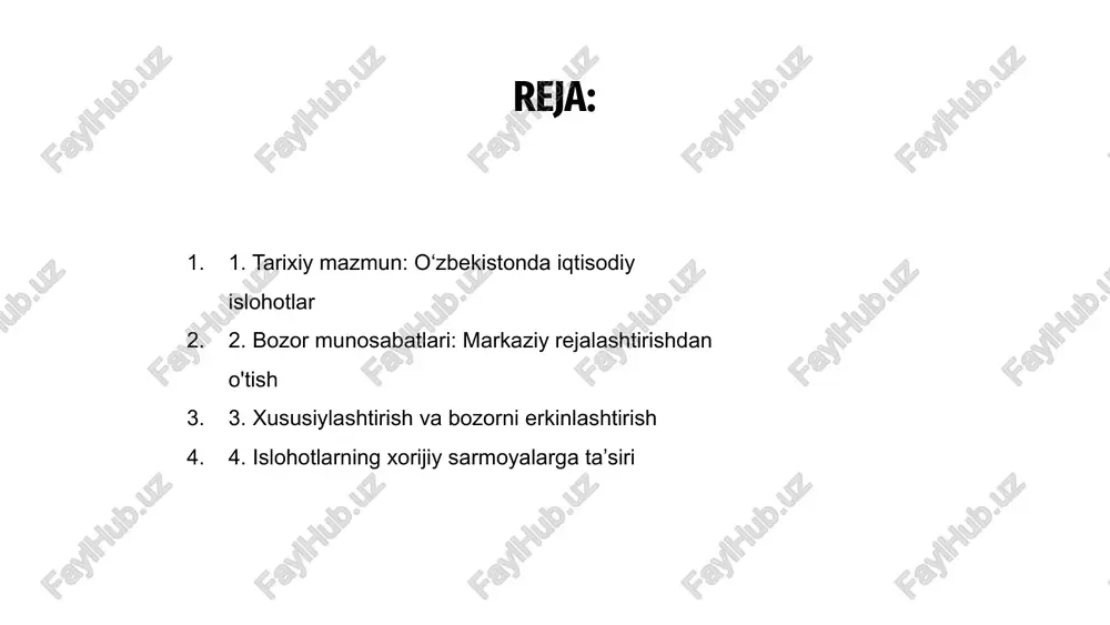 t muhitini yaratish imkonini berdi. bu xorij sarmoyasini jalb etib, mahalliy tadbirkorlikni rag‘batlantirdi. 03 o‘zbekistonda xususiylashtirish va bozorni erkinlashtirish jarayoni iqtisodiyotni diversifikatsiya qilish va turli tarmoqlarda samaradorlikni oshirishga yordam berdi. bu o'sishni rag'batlantirdi va mamlakat biznes landshaftida ijobiy o'zgarishlarga olib keldi. 02 4. islohotlarning xorijiy sarmoyalarga ta’siri o‘zbekistonda iqtisodiy islohotlarning amalga oshirilishi bozor munosabatlarining shakllanishiga olib keldi. bu islohotlar mamlakatga xorijiy sarmoya kiritilishiga sezilarli ta’sir ko‘rsatdi. mazkur islohotlar natijasida yaratilgan qulay ishbilarmonlik muhiti tufayli o‘zbekistonga xorijiy investorlar jalb etildi. o‘zbekistonda iqtisodiy islohotlarning amalga oshirilishi mamlakat bozor munosabatlarini shakllantirishda hal qiluvchi ahamiyatga ega bo‘ldi. 5. bozor munosabatlarini shakllantirishdagi muammolar va imkoniyatlar qiyinchiliklarga qaramay, bozor munosabatlarining shakllanishi o‘zbekistonda o‘sish va rivojlanish uchun ko‘plab imkoniyatlar yaratdi. bozorga yo'naltirilgan siyosatga o'tish davri mamlakat iqtisodiyoti uchun ham to'siqlarni, ham istiqbollarni taqdim etdi. 01 02 03 04 o‘zbekiston iqtisodiy islohotlarni amalga oshirib, o‘sish va taraqqiyotni ta’minlash maqsadida bozor munosabatlarini shakllantirmoqda. 03 mamlakatimiz yorug‘ kelajak uchun iqtisodiy …