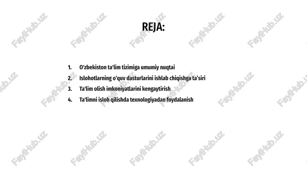 bekistonda ta’lim sohasida muhim islohotlar amalga oshirilib, barchaning ta’lim olish imkoniyatlarini kengaytirishga alohida e’tibor qaratilmoqda. bu islohotlar infratuzilmani yaxshilash, maktablarni moliyalashtirishni ko‘paytirish va butun mamlakat bo‘ylab o‘quvchilarga berilayotgan ta’lim sifatini oshirish tashabbuslarini o‘z ichiga oladi. bu sa’y-harakatlar natijasida har qachongidan ham ko‘proq talabalar o‘zbekistonda sifatli ta’lim olish va o‘z ilmiy maqsadlariga erishish imkoniyatiga ega bo‘ldi. o‘zbekistonda ta’lim sohasidagi islohotlar o‘rganish tajribasini oshirish uchun texnologiyalarni joriy etishga qaratilgan holda amalga oshirilmoqda. darslarni yanada interaktiv va qiziqarli qilish uchun maktablar raqamli vositalarni birlashtirmoqda. 01 ta'limni isloh qilishda texnologiyadan foydalanish nafaqat ma'lumotlarga kirishni yaxshilash, balki o'quvchilarda raqamli savodxonlik bo'yicha muhim ko'nikmalarni rivojlantirishga yordam beradi. ushbu tashabbus o‘zbek yoshlarini raqamli asrda muvaffaqiyatga tayyorlashga qaratilgan. 02 o‘zbekiston ta’lim sohasidagi islohotlarda texnologiyani qo‘llash orqali ta’limga yanada innovatsion va istiqbolli yondashuvga yo‘l ochmoqda. texnologiyaga asoslangan ta'limga o'tish o'quvchilarning o'rganish va o'qituvchilarning dars berish usullarini qayta shakllantirmoqda. 03 ta'limni isloh qilishda texnologiyadan foydalanish o'qituvchilar malakasini oshirish va malakasini …