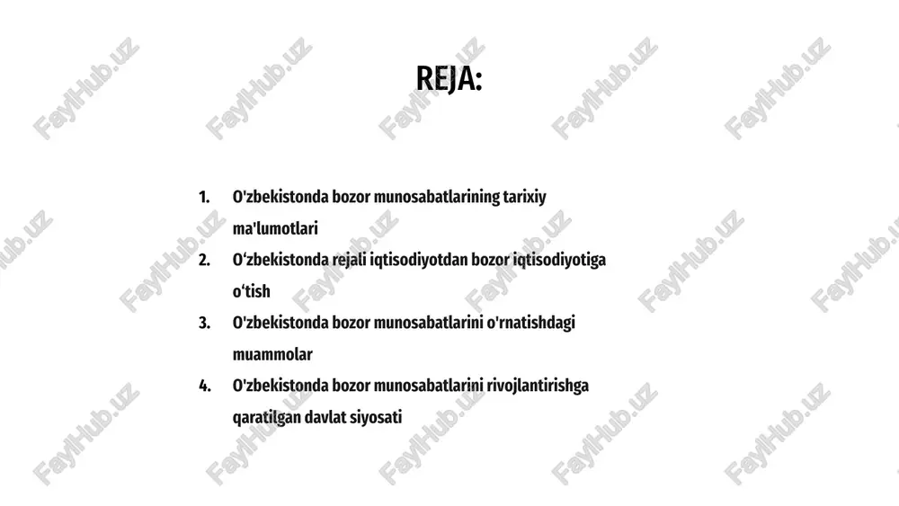 otlar va institutsional o‘zgarishlarni talab qiladi. bu oʻzgarishlar raqobatni rivojlantirish, shaffoflikni taʼminlash, isteʼmolchilar va tadbirkorlik subyektlari huquqlarini himoya qilish uchun zarur. qolaversa, bozor munosabatlarini yo‘lga qo‘yishda xorijiy sarmoyalarni jalb qilish, tadbirkorlikni rivojlantirish muhim ahamiyatga ega. qulay ishbilarmonlik muhitini yaratish, infratuzilmani yaxshilash va moliyalashtirish imkoniyatlarini ta’minlash bu qiyinchiliklarni yengib o‘tishga yordam beradi. o‘zbekistonda bozor munosabatlarining shakllanishiga davlatning turli siyosati yordam berdi. 01 bu siyosat bozor munosabatlarini rivojlantirishga, biznes uchun qulay muhit yaratishga qaratilgan. 02 ular soliq islohotlari, tartibga solishni bekor qilish, xorijiy investitsiyalarni rag'batlantirish kabi choralarni o'z ichiga oladi. 03 o'zbekistonda bozor munosabatlarini rivojlantirishga qaratilgan davlat siyosati o‘zbekistonda globallashuvning bozor munosabatlariga ta’siri o'zbekistonda bozor munosabatlarining shakllanishiga globallashuv jarayoni katta ta'sir ko'rsatdi. 02 globallashuv o‘zbekistonda bozor munosabatlariga sezilarli ta’sir ko‘rsatdi. 03 o‘zbekistonda globallashuvning bozor munosabatlariga ta’siri turli jihatlarda yaqqol namoyon bo‘lmoqda. 01 1 2 3 o‘zbekistonda bozor munosabatlarining shakllanishiga xorijiy investitsiyalar sezilarli ta’sir ko‘rsatdi. mamlakat bozor iqtisodiyotini shakllantirishda xorijiy kapitalning kirib kelishi …
