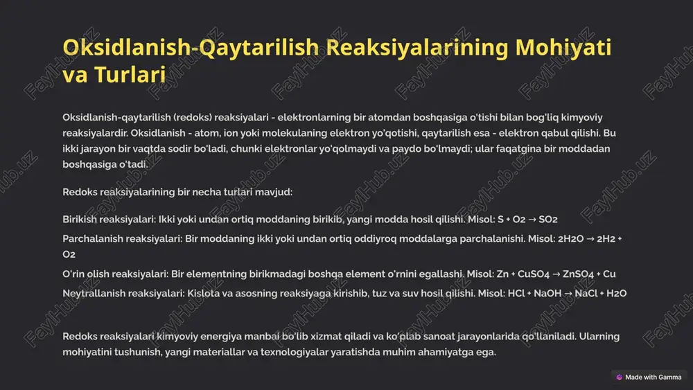 lning korroziyasi (zanglash) bilan bog'liq, bunda metall tashqi muhit ta'sirida yemiriladi. metallarning oksidlanishiga misollar: temirning zanglashi: temirning kislorod va suv ishtirokida temir (iii) oksidiga aylanishi (zang). bu jarayon temir konstruksiyalarining yemirilishiga olib keladi. alyuminiyning oksidlanishi: alyuminiyning kislorod bilan reaksiyaga kirishib, himoya qatlami hosil qilishi. bu qatlam alyuminiyni keyingi oksidlanishdan saqlaydi. misning oksidlanishi: misning havo ta'sirida yashil rangga kirishi (patina). bu jarayon misning tashqi ko'rinishini o'zgartiradi, lekin uning mustahkamligiga uncha ta'sir qilmaydi. oksidlanish jarayonlari metallurgiya, kimyo sanoati va energetika sohalarida keng qo'llaniladi. masalan, metallurgiyada metall rudalaridan metallarni ajratib olish uchun oksidlanish reaksiyalaridan foydalaniladi. galvanik elementlarda ham oksidlanish reaksiyalari elektr energiyasi manbai bo'lib xizmat qiladi. 3 no metallarning qaytarilishi va ularning qo`llanilishi no metallarning qaytarilishi - no metal atomlarining elektron qabul qilishi natijasida manfiy zaryadlangan ionlarga aylanish jarayonidir. bu jarayon ko'plab kimyoviy reaksiyalarda muhim rol o'ynaydi. no metallarning qaytarilishiga misollar: kislorodning qaytarilishi: kislorodning elektron qabul qilib, oksid ioniga aylanishi. bu jarayon nafas …