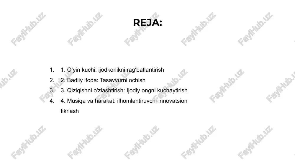 hun tabiiy turtki bo'lib xizmat qiladi. 01 02 03 amaliy tajriba va tajribalar uchun imkoniyatlarni taqdim etish bolalarda ijodkorlikni uyg'otishi mumkin. ularga kashfiyot orqali o'rganishga ruxsat berish ularning xayoliy fikrlashlarini yoqishi mumkin. bolalarda qiziquvchanlikni qabul qilish muammolarni hal qilish ko'nikmalarini oshirishga va atrofdagi dunyoni chuqurroq tushunishga olib keladi. ularda tug'ma hayrat tuyg'usini tarbiyalash butun umr davomida o'rganishga bo'lgan muhabbatni uyg'otishi mumkin. 4. musiqa va harakat: ilhomlantiruvchi innovatsion fikrlash venus is the second planet from the sun mercury is the closest planet to the sun jupiter is the biggest planet of them all 1 2 3 5. aqliy o‘yinlar: ijodiy qobiliyatlarni charxlash aqliy o'yinlar bolalarning ongini sinab ko'rish va muammolarni hal qilish qobiliyatlarini rag'batlantirish orqali ijodiy fikrlashni rag'batlantirishning samarali usuli hisoblanadi. bu o‘yinlar bolaning ijodiy ko‘nikmalarini charxlashda, tanqidiy fikrlash, tasavvur va turli vazifalar va qiyinchiliklarga yondashishda moslashuvchanlikni rivojlantirishga yordam beradi. aqliy o‘yinlarni bolaning mashg‘ulotlariga kiritish orqali ota-onalar va o‘qituvchilar ularning ijodiy …
