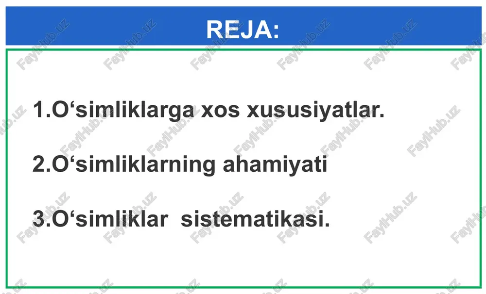 laniladi o‘simliklar sistematikasi o‘simliklar sistematikasi bilan dorivor qoqio‘t va makkajo‘xori misolida tanishib chiqamiz o‘simliklar sistematikasi o‘simliklar sistematikasi bilan dorivor qoqio‘t va makkajo‘xori misolida tanishib chiqamiz o‘simliklar dunyosi 1. o‘simliklar qanday xususiyatlarga ega? 2. o‘simliklar tabiatda qanday ahamiyatga ega? 3. nima uchun o‘simliklar kislorod manbai hisoblanadi? 4. o‘simliklarni sistematikaga solishda qanday birliklardan foydalaniladi? 5. o‘simliklar dunyosi qanday guruhlarga bo‘linadi? 6. makkajo‘xori sistematikasini aytib bering. mavzuni mustahkamlash uchun savollar pristli tajribasi rasmni ko‘rib chiqing. berilgan matnni o‘qib, savollarga javob bering 1771-yilda britaniyalik tabiatshunos olim jozeff pristli quyidagicha tajriba o‘tkazdi. ikkita shisha idish ostiga bittadan sichqon qo‘yib, ikkinchi shisha idishga tuvakdagi o‘simlikni ham joylashtirdi. ma’lum vaqt o‘tgandan so‘ng birinchi idish ostidagi sichqon o‘lib qoldi, ikkinchi idishdagisi esa tirik qoldi. 1. birinchi idishdagi sichqonning o‘limiga nima sabab bo‘ldi? 2. nima uchun ikkinchi idishdagi sichqon tirik qoldi? 3. siz bu tajribadan qanday xulosaga keldingiz? pristli tajribasi dorivor qoqio‘tning rasmidan foydalanib, daftaringizga uning tashqi tuzilishi haqida …