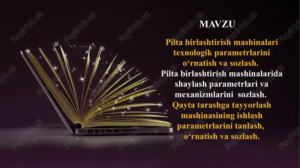 shina 24 ta piltani qo’shib, chiziqli zichlik 60-80 kteks bo’lgan eni 265 mm, diametri 380 mm xolstchalar tayyorlashga mo’ljallangan. ta’minlovchi stol atrofiga diametri 500 mm va undan katta bo’lgan balandligi 1000 mm li tazlarda joylashtiriladi. tazlardagi piltalar tortib uzatuvshi silindr va valiklar juftligi yordamida xarakatlantirilib stolchaga yo’naltiriladi. stolchaning sirti sayqallanib (xromlangan) silliqlangan bo’lib yashirin cho’zilishning oldini oladi. stolchada harakatlanayotgan alohida-alohida piltalar yassilovchi vallarga uzatiladi va piltalar tekislanib (yassilanib), zishlab o’rovchi mexanizmga uzatiladi. ushbu mexanizmda piltalardan xolstcha shakllantiriladi. xolst shakllantiruvchi mashinalar. xolstchani almashtirish mexanizmini zichlab o’rash mexanizmi printsipial sxemasi xolstchani almashtirish mexanizmi transporterning harakat uzatmasi 1-silindr; 2-porshen; 3-tishli reyka; 4-shesternya; 5-val; 6-transporterning etaklovchi valigi; 7-transporter. 1-silindr;2-porshen; 3- tishli reyka; 4-tishli shesternya; 5-charx; 6-yumalatuvchi baraban; 7-zanjir; 8-g’altak joylagich; 9-g’altak. 1-xolstcha; 2-yumalatuvchi vallar; 3-qisuvchi disklar; 4,7-gidravlik tsilindrlar; 5-mashina ramasi; 6-g’altak unilap e 32 unilap e 32 modelidagi xolst shakllantiruvchi mashina mashina piltalash mashinalaridan olingan 24-28 ta piltani bo‘ylamasiga qo‘shib, 60-80 kteks chiziqiy zichlikdagi …