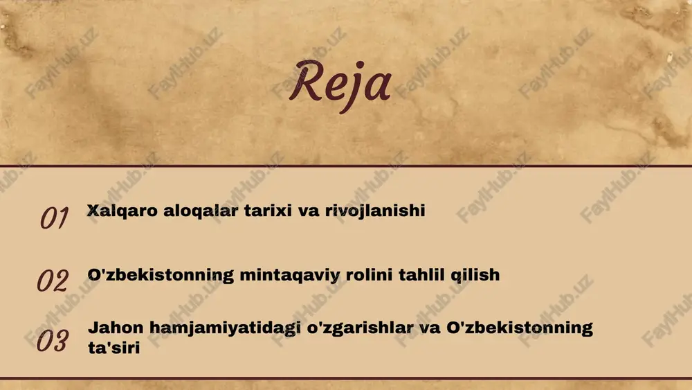 kiston va afg‘oniston o‘rtasida iqtisodiy aloqalarni rivojlantirish maqsadida bir qator kelishuvlar imzolandi. xalqaro aloqalar va ularning asosiy tamoyillari asosiy tamoyillar xalqaro aloqalarning asosiy tamoyillari suverenitet, tenglik va o'zaro manfaatdan iborat. suverenitet davlatlarning mustaqilligini ta'minlaydi, tenglik esa har bir davlatning xalqaro maydondagi huquqlari va majburiyatlarini bir xilda ko'rib chiqish imkonini beradi. o'zaro manfaat tamoyili esa davlatlar o'rtasidagi hamkorlikni rag'batlantiradi va ularni bir-birini qo'llab-quvvatlashga undaydi. masalan, o'zbekistonning xalqaro aloqalarida suverenitet tamoyili davlatlararo munosabatlarni barqaror saqlashda muhim ahamiyatga ega. tamoyillarning ta'siri bu tamoyillar xalqaro munosabatlarda muhim rol o'ynaydi. masalan, suverenitet tamoyili davlatlar o'rtasida tinchlik va barqarorlikni saqlashga yordam beradi. tenglik tamoyili esa xalqaro tashkilotlarda, masalan, birlashgan millatlar tashkilotida, har bir davlatning ovoziga teng huquq berish orqali ishlaydi. o'zaro manfaat esa iqtisodiy va siyosiy hamkorlikni rivojlantirishda muhim ahamiyatga ega. o'zbekistonning qator xalqaro tashkilotlarda ishtirok etishi, shu tamoyillarni amalda qo'llashini ko'rsatadi. o'zbekistonning xalqaro aloqalardagi o'rni o'zbekiston respublikasi xalqaro aloqalar sohasida muhim rol o'ynaydi. bu mamlakat, …