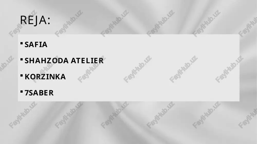 ovlarda oʻzbekiston nomidan qatnashganman va bir qator yutuqlarga erishganman“ deydi u oʻzining bergan interyusida. shahzoda muhammedova dizaynerlik sohasida „shahzoda“ brendi asoschisi hisoblanadi. „shahzoda atelier“ va „milana couture“ shu brend ostidagi turkumlarlardir. korzinka korzinka — oʻzbekistonda faoliyati xalq isteʼmol mollari savdosiga asoslangan supermarketlar tarmogʻi. korzinka.uz supermarketlar tarmogʻi anglesey food kompaniyasiga tegishli hisoblanadi. anglesey food kompaniyasi 1996-yilda tashkil etilgan boʻlib, oʻzbekiston respublikasida chakana savdoning supermarket shaklida faoliyat yuritishni boshlagan ilk tarmoqlardan biri sanaladi. avvaliga kompaniya anglesey food brendi ostida “uy oldidagi doʻkonlar” formatida ish olib borgan. 2005-yilda tarmoq oʻz nomini korzinka.uzga oʻzgartirgan. supermarketlar tarmog‘i 2021-yil oktabr oyida rebrendingni amalga oshirdi va rasmiy nomidan ".uz" domenini olib, korzinka shaklida xizmat ko‘rsatmoqda. zafar hoshimov; (zafar hoshimov; tugʻ. 29-iyun 1968-yil, toshkent, oʻzbekiston ssr) — oʻzbek tadbirkori, tarkibiga korzinka.uz, korzinka diskont, smart doʻkonlari kiruvchi "anglesey food" mchj xk asoschisi. 7saber toshkentda yangi sport kiyimlari va jihozlari brendi — 7saber-ning taqdimoti boʻlib oʻtdi. bu haqda kompaniya matbuot …