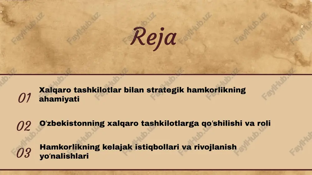 va vaqt cheklovlari. imkoniyatlar: investitsiyalar va yangi bozorlarga kirish. tahdidlar: global iqtisodiyotdagi o'zgarishlar va raqobatning kuchayishi. o'zbekistonning tashkilotlarga qo'shilishi o'zbekiston respublikasi mustaqillikdan so'ng, 1991 yildan boshlab xalqaro tashkilotlarga qo'shilish jarayonini boshladi. 1992 yilda birlashgan millatlar tashkilotiga a'zo bo'lishi o'zbekistonning global hamjamiyatga kirishidagi muhim bosqich bo'ldi. shht (shanxay hamkorlik tashkiloti) ga 2001 yilda a'zo bo'lishi, mintaqaviy xavfsizlik va iqtisodiy hamkorlikni rivojlantirishda o'zbekistonning roli va nufuzini oshirdi. shuningdek, o'zbekistonning yevroosiyo iqtisodiy ittifoqiga qo'shilishi 2015 yilda mamlakatning iqtisodiy integratsiyasini kuchaytirdi. ushbu tashkilotlarga qo'shilish jarayoni o'zbekistonning xalqaro maydondagi nufuzini oshirish va boshqa davlatlar bilan ijtimoiy-siyosiy aloqalarini mustahkamlashga xizmat qildi. o'zbekistonning xalqaro tashkilotlardagi roli 2021 o'zbekiston bmt, iqtisodiy hamkorlik va taraqqiyot tashkiloti (oecd) kabi xalqaro tashkilotlar bilan faol hamkorlik qilmoqda. ushbu tashkilotlarda o'zbekiston global va regional muammolarni hal qilishga, ijtimoiy barqarorlik va iqtisodiy rivojlanishni ta'minlashga qaratilgan dasturlarda ishtirok etmoqda. 2022 o'zbekistonning xalqaro tashkilotlarda ishtiroki, davlatimizning global muammolarni hal etishdagi o'rnini yaxshilash bilan birga, iqtisodiy hamkorlik …