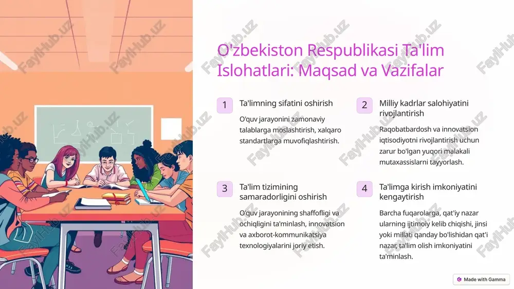 hi uchun yuqori malakali mutaxassislarni tayyorlash. vazifalar ta'lim tizimini zamonaviy talablarga moslashtirish, innovatsion va axborot-kommunikatsiya texnologiyalarini joriy etish. natijalar raqobatbardosh va innovatsion iqtisodiyotni rivojlantirishga qodir bo'lgan yuqori malakali kadrlarni tayyorlash. 4 umumiy o'rta ta'limni rivojlantirish yo'nalishlari o'quv dasturlarini takomillashtirish zamonaviy talablarga javob beradigan o'quv dasturlarini ishlab chiqish, o'quvchilarning individual ehtiyojlarini hisobga olish. o'qituvchilar malakasini oshirish o'qituvchilarni zamonaviy pedagogik texnologiyalar, innovatsion usullar va axborot-kommunikatsiya texnologiyalari bilan tanishtirish. maktablarning moddiy-texnik bazasini mustahkamlash maktablarni zamonaviy o'quv jihozlari bilan ta'minlash, o'quv jarayonini yaxshilash. o'quvchilarni kasb-hunarga yo'naltirish o'quvchilarga o'z qobiliyatlarini va qiziqishlarini hisobga olib, kelajakdagi kasbi haqida tushuncha berish. 5 kasb-hunar ta'limini takomillashtirish ishlari amaliy ko'nikmalarni rivojlantirish o'quvchilarga zarur amaliy ko'nikmalarni egallash imkoniyatini yaratish, zamonaviy texnologiyalar bilan ishlashni o'rgatish. kasb-hunar ta'limi tizimini takomillashtirish o'quv dasturlarini ishlab chiqarish talablariga moslashtirish, o'quvchilarning kasb-hunar mahoratini oshirish. ishga joylashtirish imkoniyatlarini kengaytirish o'quvchilarni ishga joylashtirishga yordam berish, ish beruvchilar bilan hamkorlikni mustahkamlash. o'quv resurslarini takomillashtirish zamonaviy o'quv materiallari, darsliklar va …