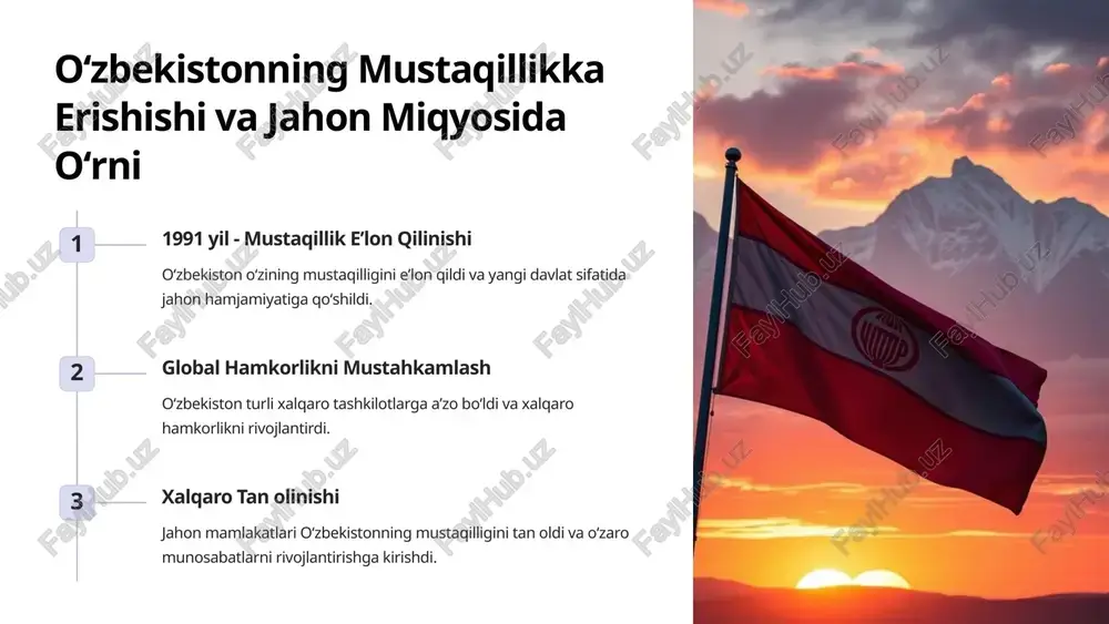 ot bagʻrikenglik va oʻzaro hurmat tufayli oʻzbekiston barqaror va taraqqiyot yoʻlida davom etmoqda. 5 "oʻzbekiston yoʻlidan" - yangi rivoj yoʻnalishi 1 barqaror rivoj oʻzbekiston iqtisodiyotni diversifikatsiya qilish, innovatsiyalarni rivojlantirish va barqaror taraqqiyotga erishishga intilmoqda. 2 ijtimoiy adolat ijtimoiy adolatni taʼminlash, aholiga sifatli taʼlim va tibbiyot xizmatlarini taqdim etishga eʼtibor qaratiladi. 3 ochiqlik va shaffoflik davlat boshqaruvida ochiqlik va shaffoflikni oshirish, fuqarolarning ishtiroki taʼminlanadi. 4 xalqaro hamkorlik oʻzbekiston dunyo bilan hamkorlikni mustahkamlash, investitsiyalarni jalb qilish va savdo-sotiqni rivojlantirishga qaratilgan siyosat olib boradi. 6 jahon mamlakatlari bilan yaqin aloqalar va hamkorlik soha hamkorlikning asosiy yoʻnalishlari siyosat diplomatik munosabatlarni mustahkamlash, oʻzaro tashriflar va xalqaro tashkilotlardagi hamkorlik. iqtisodiyot investitsiyalar, savdo, texnologiya va ishlab chiqarish sohalarida hamkorlikni rivojlantirish. madaniyat madaniyat va sanʼat sohalarida almashinuv dasturlarini amalga oshirish, turli madaniy tadbirlarni oʻtkazish. 7 mintaqaviy hamkorlik loyihalari va investitsiya muhiti mintaqaviy hamkorlik oʻzbekiston mintaqaviy hamkorlik loyihalarini qoʻllab-quvvatlaydi, shuningdek, mintaqadagi investitsiya muhitini yaxshilashga intiladi. savdo-sotiq mintaqadagi savdo-sotiqni rivojlantirish …