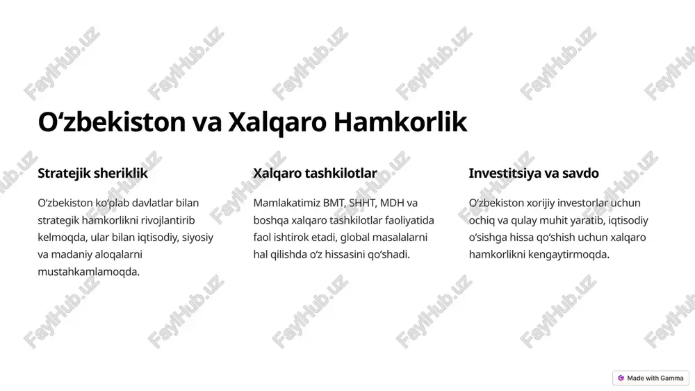 tizm va transmilliy jinoyatlarga qarshi kurashda hamkorlik qilinmoqda, iqtisodiy va madaniy aloqalar rivojlantiriladi. 3 yevroosiyo iqtisodiy ittifoqi oʻzbekiston yevroosiyo iqtisodiy ittifoqi bilan hamkorlik qilish imkoniyatlarini oʻrganmoqda, bu mamlakatimizning iqtisodiy oʻsishini yanada tezlashtirishga yordam berishi mumkin. 5 oʻzbekiston - jahon hamjamiyati aʼzosi xalqaro hamkorlik oʻzbekiston dunyo mamlakatlari bilan hamkorlikni kengaytirish orqali oʻzining global mavqeini mustahkamlamoqda. diplomatik aloqalar mamlakatimiz koʻplab davlatlar bilan diplomatik aloqalar oʻrnatgan va ular bilan faol hamkorlik qilmoqda. xalqaro tinchlik va xavfsizlik oʻzbekiston xalqaro tinchlik va xavfsizlikni taʼminlashga, global masalalarni hal qilishga oʻz hissasini qoʻshmoqda. 6 milliy taraqqiyot va jahon tendensiyalari raqamli iqtisodiyot oʻzbekiston raqamli iqtisodiyotni rivojlantirishga qaratilgan dasturlarni amalga oshirmoqda, bu milliy taraqqiyotning muhim omili hisoblanadi. yashil energiya yashil energiya manbalarini rivojlantirish va atrof-muhitni muhofaza qilishga qaratilgan loyihalar amalga oshirilmoqda, bu global ekologik muammolarni hal qilishga hissa qoʻshadi. innovatsiyalar oʻzbekiston innovatsion texnologiyalarni joriy etish, ilmiy-tadqiqot faoliyatini rivojlantirishga qaratilgan strategik dasturlarni amalga oshirmoqda. 7 maʼnaviy-ma'rifiy hamkorlik istiqbollari madaniy almashinuv …