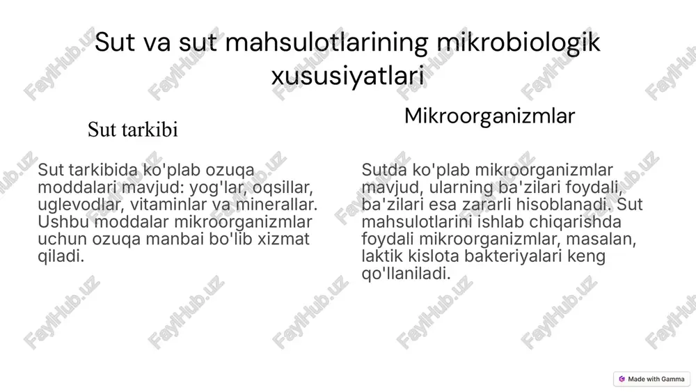 s – tuxum bilan bog'liq oziq-ovqat zaharlanishining eng keng tarqalgan sababi. 5 tuxumdagi mikroorganizmlar va ularning xossalari 1 tuxumning tashqi qobig'i tuxumning tashqi qobig'ida ko'plab mikroorganizmlar mavjud, ularni yuvish orqali tozalash mumkin. 2 tuxumning oqi tuxumning oqi ko'pincha mikroorganizmlarga nisbatan chidamli hisoblanadi, lekin ba'zi bakteriyalar, masalan, salmonella oqiga kirib borishi mumkin. 3 tuxumning sarig'i tuxumning sarig'i oqiga qaraganda mikroorganizmlarga nisbatan sezgirroq bo'lib, patogenlarni o'zida ko'proq saqlashi mumkin. 6 tuxum mahsulotlarining mikrobiologik xavfsizligi to'g'ri saqlash tuxumni sovutgichda saqlash va uni to'g'ri yuvish patogen bakteriyalarni yo'q qiladi. yaxshilab pishirish tuxumni yaxshilab pishirish (74°c gacha) patogen bakteriyalarni o'ldiradi. tozalik tuxum bilan ishlashda tozalikni saqlash va qo'llarni yuvish patogen bakteriyalarni tarqalishidan saqlaydi. 7 go'sht va go'sht mahsulotlarining mikrobiologik xususiyatlari 1 oqsil boyligi go'sht tarkibida yuqori miqdorda oqsil mavjud, bu uni muhim oziq-ovqat manbai qiladi. 2 mikroorganizmlar go'sht mikroorganizmlar uchun ozuqa manbai bo'lib, turli xil bakteriyalar, xamirturush va mog'orlarni o'zida saqlaydi. 3 patogenlar salmonella, e. …