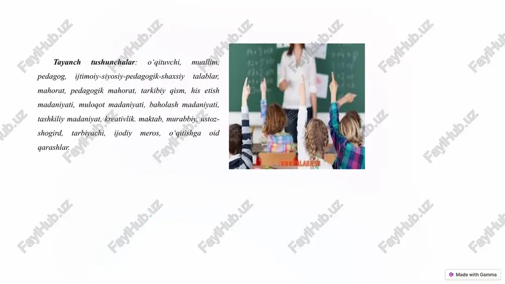 edagogik qobiliyatga ega bo'lish. 4. pedagogik texnika sirlarini puxta egallash pedagogik mahorat: o'qituvchilik san'ati pedagogik mahorat fani o'qituvchilarga o'z ish faoliyatini samarali tashkil qilish, o'quvchilarga bilim, ko'nikma va qobiliyatlarni samarali yetkazishda yordam beradi. bu fan o'qituvchilik san'ati sirlarini o'rganishga, zamonaviy pedagogik texnologiyalar bilan tanishishga, o'quv jarayonini yanada samarali tashkil etishga yordam beradi. barcha kasblar orasida o'qituvchilik kasbi o‘zgacha va muhim ijtimoiy ahamiyat kasb etadi. zero, 0 ‘qituvchi yosh avlod qalbi kamolotining memori , yoshlarga ta ’lim-tarbiya beruvchi insondir. bugungi kunda u voshlami g ‘oyaviv - siyosiy jihatdan chiniqtirib tabiat, jamiyat, ijtimoiy hayot, tafakkur taraqqiyoti qonuniyatlarini o ‘rgatadi, yoshlami mehnat faoliyatiga tayyorlab, kasb-hunar sirlarini puxta egallashlarida ko'maklashadi va jamiyat uchun muhim bo‘lgan ijtimoiy-iqtisodiy vaziyatlami hal etadi. ana shu mas’uliyat o‘qituvchidan o ‘z kasbining mohir ustasi bo'lishni, o'quvchilarga tarbiyaviy ta’sir ko'rsatib, ularning qiziqishi, qobilivati, iste’dodi, e’tiqodi va amaliy ko'nikmalarini har tomonlama rivojlantirish yo'llarini izlab topadigan kasb egasi bo'lishni talab etadi. 7 pedagogik …