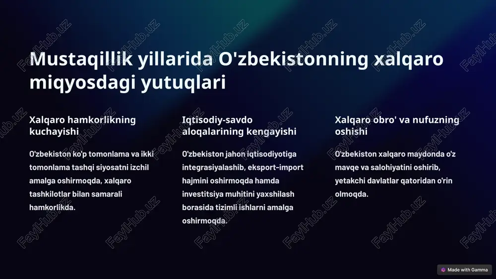 larini kengaytirmoqda. 4 osiyo-tinch okeani mintaqasidagi istiqbolli sheriklik 1 xitoy bilan hamkorlik o'zbekiston xitoy xalq respublikasi bilan iqtisodiy, siyosiy va madaniy-gumanitar aloqalarini ijobiy rivojlantirmoqda. 2 yaponiya bilan strategik sheriklik o'zbekiston va yaponiya o'rtasida bir qator muhim bo'lgan strategik hamkorlik yo'nalishlari yo'lga qo'yilgan. 3 janubiy koreya bilan yaqin hamkorlik o'zbekiston janubiy koreya bilan iqtisodiy, investitsion, ilmiy-texnik va madaniy-gumanitar aloqalarni izchil rivojlantirmoqda. 5 shanxay hamkorlik tashkiloti va uning o'zbekistonga ta'siri xavfsizlik hamkorligi o'zbekiston shtning xavfsizlik sohasidagi faol ishtirokchisidir. iqtisodiy hamkorlik sht doirasida o'zbekiston regional iqtisodiy loyihalar ishtirokchisi sifatida faollik ko'rsatmoqda. siyosiy muloqot o'zbekiston shtdagi siyosiy muloqotda faol qatnashib, mintaqaviy masalalarda o'z nuqtai nazarini bildirib keladi. 6 islom hamdo'stligi tashkilotining rivojlantirilishidagi o'zbekiston roli 1 tashkilotning g'oyaviy-siyosiy asoslarini mustahkamlash 2 xavfsizlik va barqarorlikni ta'minlash 3 iqtisodiy hamkorlikni kengaytirish 4 madaniy-gumanitar almashinuvlarni rivojlantirish 5 tashkilotning xalqaro muvozanatda rolini oshirish 7 xavfsizlik, barqarorlik va hamkorlikning o'zbekiston tashabbuskorligi 12 mintaqaviy tashabbuslar o'zbekiston so'nggi 12 yil mobaynida xavfsizlik, …
