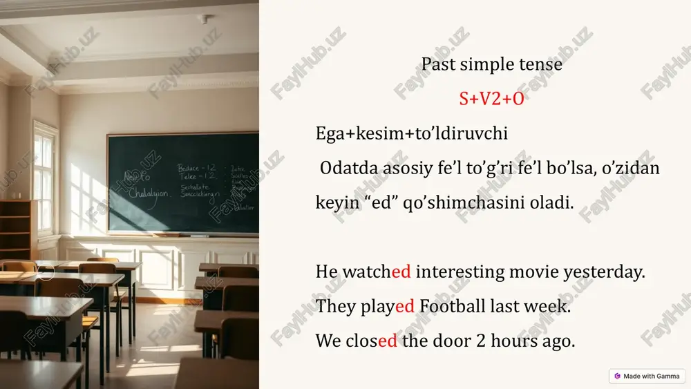 st month. i didn’t play tennis last month. 10 key words of past simple yesterday, last week, last month, age , in, once upon a time, this morning, afternoon, evening etc 11 interrogative sentences in the past simple interrogative sentences (questions) begin with "did" followed by the subject and base form of the verb. affirmative interrogative you went to the park. did you go to the park? 12 yesterday, i _______ (go) to the park. she _______ (buy) a new car last week. they _______ (eat) dinner at a fancy restaurant. we _______ (watch) a movie last night. i _______ (not/see) him at the party. he _______ (come) home late yesterday. my parents _______ (give) me a wonderful gift for my birthday. we _______ (visit) our grandparents last summer. i _______ (find) a wallet on the street. she _______ (take) a taxi to work this morning. 13 complete the sentences …