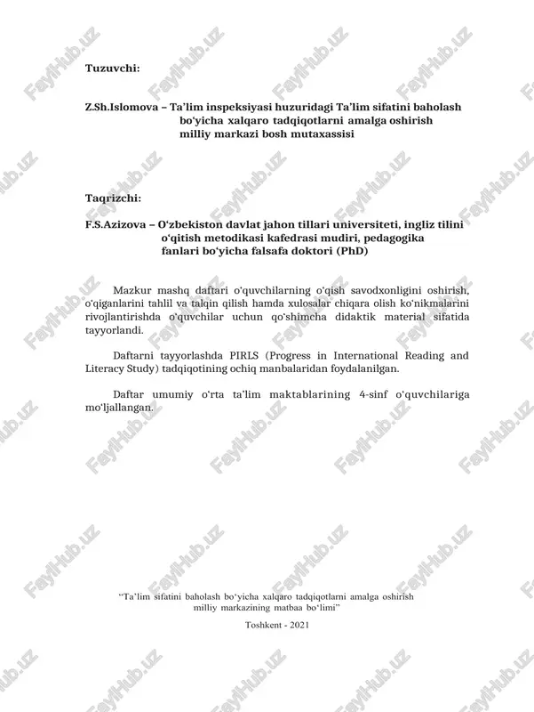 hqa javobingizni belgilang hamda keyingi savolga o‘ting. buni qanday bajarishni 2-namunada ko‘rishingiz mumkin. 2-namuna 2. bir haftada necha kun bor? ¥a 2 kun b 4 kun ¥c 7 kun d 10 kun ( 2 ) ( 1 ) ayrim vazifalarni bajarishda o‘z javobingizni savolning tagidagi maxsus ajratilgan joyga yozishingiz kerak bo‘ladi. 3-namunada shunday savol keltirilgan. 3-namuna 3. hikoyada aytilayotgan voqea yilning qaysi faslida bo‘lib o‘tgan? 1 3- namunada qalam va uning yonida 1 raqami tasvirlangan. ushbu belgi mazkur savolning to‘g‘ri javobi uchun siz 1 ball olishingiz mumkinligini bildiradi. 4- namunada qalam va uning yonida 3 raqami tasvirlangan. demak, ushbu savolning to‘g‘ri javobi uchun 3 ball olishingiz mumkin. 4-namuna 4. aynan nima hikoyaning oxirini bir vaqtning o‘zida ham qayg‘uli ham zavqli qilmoqda? o‘qiganlaringiz bo‘yicha olgan ma’lumotlaringizdan foydalanib, o‘z fikringizni tushuntirib bering. 3 daftar ikki qismdan iborat. har bir qismdagi vazifalarni bajarishga 40 daqiqadan vaqt ajratiladi. har bir qismning o‘rtasida qisqa tanaffus …