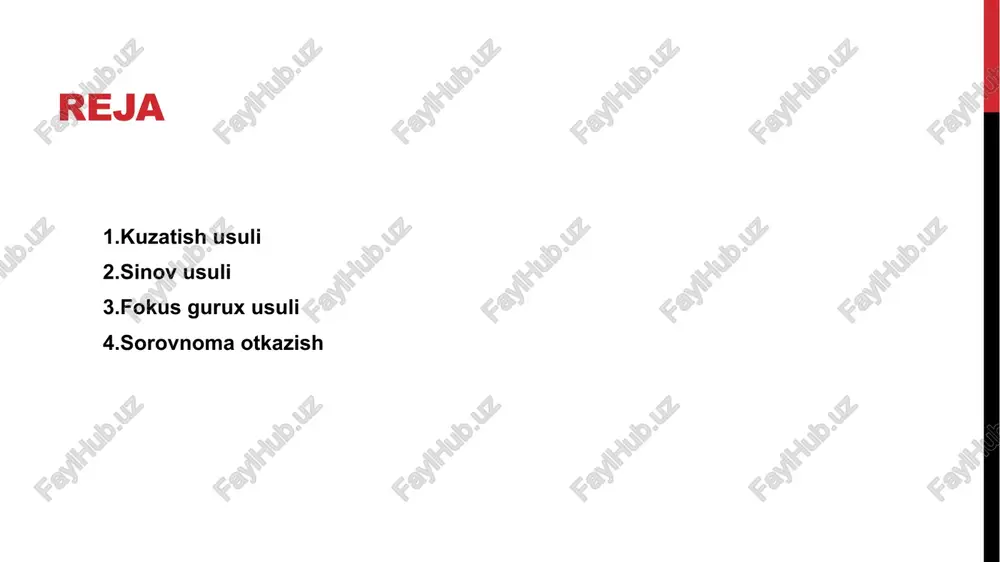 hun marketing yechimlarini sinab korish va potensial istemolchining bunga munosabatini aniqlash mumkin. masalan ,yangi brend imdjini ,yangi nom ,yangi dizayn qadoqlash, kompaniyaning yangi yuzi va boshqalar. xuddi shu maqsadlarda tadqiqotda ham foydalaniladi. fokus guruxning maqsadi fokus-guruxning maqsadi istemolchining chuqur motivatsiyasi haqida sifatli malumot olish.ushbu malumotlar statik ahamiyatga ega emas, lekin togridan –togri tomoshabinlarning munosabati va taasurotlarini bilish imkonini beradi. olingan malumotlarga asoslanib, mijoz oz mahsuloti bozorda qanday qabul qilinishi va istemolchilarning sodiqligini oshirish uchun nima qilish kerakligi haqida xulosa chiqarish mumkin. boshlash uchun tadqiqot maqsadi aniq korsatilgan .odamlar nimani oylayotgani bilib oling iborasi ishlamaydi.kompaniya rahbariyati uchun aniq nimani bilish muhimligini hal qilish kerak . odamlar oz mahsulotini yoqtiradimi yoki yoqtirmaydimi, mijozlarga nima togri kelmaydi, foydalanish paytida qanday muammolar paydo boladi va hokazo. fokus-guruh ishtirokchilari – oddiy odamlar jinsi, yoshi kabi mezonlarga kora tanlanadi.oilaviy. ahvol,malum brendlardagi daromad va afzalliklar. standard fokus-guruh 8-10 kishini talab qiladi. sorovnoma sorovnoma – bu sorov yoki …