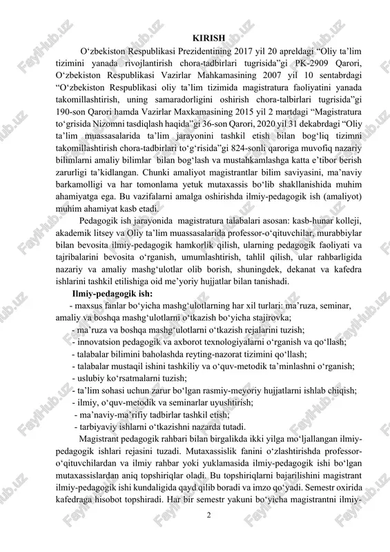 mashg‘ulotlarning har xil turlari: ma’ruza, seminar, amaliy va boshqa mashg‘ulotlarni o‘tkazish bo‘yicha stajirovka; - ma’ruza va boshqa mashg‘ulotlarni o‘tkazish rejalarini tuzish; - innovatsion pedagogik va axborot texnologiyalarni o‘rganish va qo‘llash; - talabalar bilimini baholashda reyting-nazorat tizimini qo‘llash; - talabalar mustaqil ishini tashkiliy va o‘quv-metodik ta’minlashni o‘rganish; - uslubiy ko‘rsatmalarni tuzish; - ta’lim sohasi uchun zarur bo‘lgan rasmiy-meyoriy hujjatlarni ishlab chiqish; - ilmiy, o‘quv-metodik va seminarlar uyushtirish; - ma’naviy-ma’rifiy tadbirlar tashkil etish; - tarbiyaviy ishlarni o‘tkazishni nazarda tutadi. magistrant pedagogik rahbari bilan birgalikda ikki yilga mo‘ljallangan ilmiy-pedagogik ishlari rejasini tuzadi. mutaxassislik fanini o‘zlashtirishda professor-o‘qituvchilardan va ilmiy rahbar yoki yuklamasida ilmiy-pedagogik ishi bo‘lgan mutaxassislardan aniq topshiriqlar oladi. bu topshiriqlarni bajarilishini magistrant ilmiy-pedagogik ishi kundaligida qayd qilib boradi va imzo qo‘yadi. semestr oxirida kafedraga hisobot topshiradi. har bir semestr yakuni bo‘yicha magistrantni ilmiy-pedagogik ishni o‘taganligi to‘g‘risida xulosalarni ilmiy rahbar yoki yuklamasida ilmiy-pedagogik ishi bo‘lgan mutaxassis qayd qiladi (baholaydi). ilmiy-pedagogik ishi har semestr oxirida …