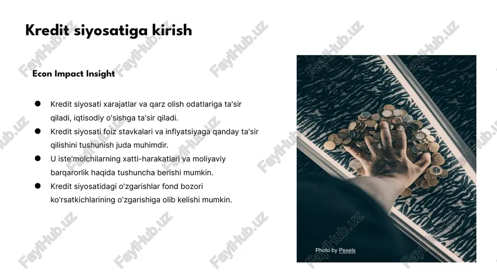 shi mumkin. noto'g'ri amalga oshirilgan kredit siyosati ortiqcha qarz olish va inflyatsiya bosimiga olib kelishi mumkin. qattiq kredit siyosati iqtisodiy o'sishni va investitsiya imkoniyatlarini cheklashi mumkin. mos kelmaydigan kredit siyosati bozorda noaniqlikni keltirib chiqarishi, biznes qarorlariga ta'sir qilishi mumkin. kredit siyosatiga ta'sir etuvchi omillar photo by pexels photo by pexels photo by pexels zaxiralar foiz stavkalari ochiq bozor operatsiyalari banklarning kreditlash qobiliyatini aniqlashda zaxiralar hal qiluvchi rol o'ynaydi. foiz stavkalari qarz olish xarajatlariga ta'sir qiladi va iste'molchi xarajatlariga ta'sir qiladi. ochiq bozor operatsiyalari iqtisodiyotdagi pul massasi va foiz stavkalariga ta'sir qiladi. kredit siyosatining turlari cheklovchi va ekspansionist cheklovchi kredit siyosati kredit mavjudligini kamaytirishga qaratilgan, misol: foiz stavkalarini oshirish. ekspansionistik kredit siyosati kredit mavjudligini oshirishga qaratilgan, misol: foiz stavkalarini pasaytirish. cheklovchi siyosat iste'mol xarajatlarining kamayishiga olib kelishi mumkin, ekspansionistik siyosat esa iqtisodiy o'sishni rag'batlantirishi mumkin. hukumat ko'pincha bu siyosatni inflyatsiyani nazorat qilish va iqtisodiy faollikni oshirish uchun amalga oshiradi. photo by …
