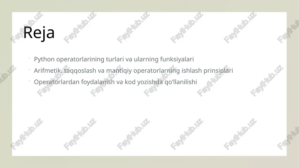 h orqali koddagi xatoliklar kamayadi va dastur barqaror bo'ladi. python operatorlarining turlari va ularning funksiyalarini tushunish 1 operator turlari - python'da operatorlar arifmetik, taqqoslash, mantiqiy, tayinlash, bitwise va boshqa turlarga bo'linadi. har bir turi ma'lumotlar bilan turli amallarni bajaradi. 2 asosiy funksiyalari - operatorlar yordamida hisoblash, shartlarni tekshirish va ma'lumotlarni o'zgartirish mumkin. masalan, + bilan qo'shish, == bilan taqqoslash ishlatiladi. 3 turlar va foydalanish - har bir operator turi o'ziga xos funksiyalarni bajaradi. to'g'ri operatorlarni tanlab, kodni qisqa va samarali qilish mumkin. arifmetik, taqqoslash va mantiqiy operatorlarning ishlash prinsiplari va ularning koddagi roli arifmetik operatorlarining ishlash prinsipi arifmetik operatorlar raqamlar yoki o‘zgaruvchilar ustida qo‘shish, ayirish, ko‘paytirish va bo‘lish kabi matematik amallarni bajaradi. misol uchun, 3 + 5 yoki a * b kodi, arifmetik operatorlarning misollari. taqqoslash operatorlarining roli taqqoslash operatorlari ikki qiymatni solishtirish uchun ishlatiladi, masalan, >, b yoki x == y, bu shartlarni tekshirish uchun muhim. mantiqiy operatorlar va …