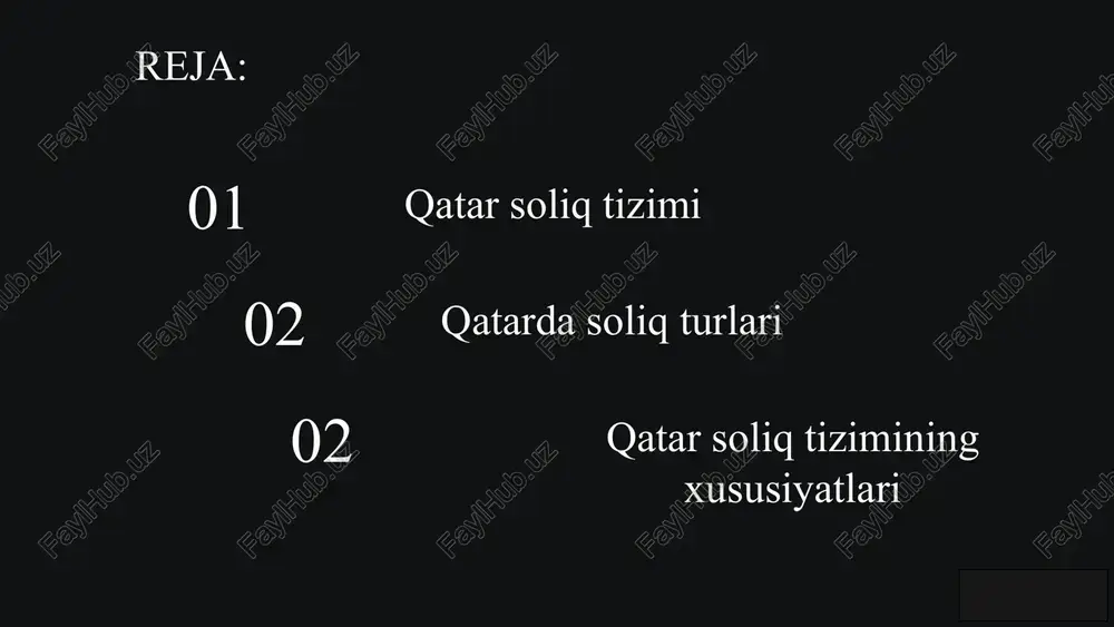 onalardagi korxonalar daromad solig‘i va bojxona bojlaridan ozod etiladi. investitsiyalar uchun soliq imtiyozlari muayyan investitsiya loyihalariga soliq imtiyozlari va subsidiyalar beriladi. ilmiy-tadqiqot va taraqqiyot faoliyati ilmiy-tadqiqot va taraqqiyot loyihalarini amalga oshiruvchi korxonalarga soliq imtiyozlari beriladi. 8 qatar soliq tizimida jismoniy shaxslar uchun soliq imtiyozlari daromad solig‘i yo‘q qatarda jismoniy shaxslar uchun daromad solig‘i yo‘q. ta’lim uchun imtiyozlar qatarda ta’lim oluvchilar uchun soliq imtiyozlari mavjud. sog‘liqni saqlash uchun imtiyozlar sog‘liqni saqlash xizmatlari uchun imtiyozlar beriladi. uy-joy uchun imtiyozlar qatarda uy-joy sotib oluvchilar uchun imtiyozlar mavjud. 9 qatar soliq tizimida soliq ma’muriyatchiligi 1 qonunchilik asoslari qatarda soliq tizimi qatar davlat soliq qonunchiligi bilan tartibga solinadi. 2 soliq deklaratsiyalari yuridik va jismoniy shaxslar soliq deklaratsiyalarini elektron shaklda topshirishlari mumkin. 3 soliq inspeksiyasi qatarda soliqlarni to‘lash va soliq ma’muriyatchiligini nazorat qilish uchun soliq inspeksiyasi mavjud. 4 xalqaro hamkorlik qatar soliq ma’muriyatchiligini takomillashtirish uchun xalqaro tashkilotlar bilan hamkorlik qiladi. 10 qatar soliq tizimining xalqaro amaliyotdagi …