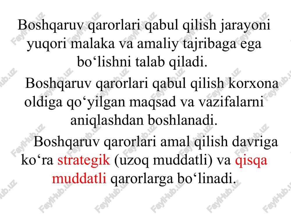 ega bo‘lishi. boshqaruv qarorlarini qabul qilishda unumsiz va ortiqcha xarajatlarni rejalashtirilishiga yo‘l qo‘ymaslik lozim. shuningdek, boshqaruv qarorlarini qabul qilishda: -xodimlar manfaatlarini korxonaning umumiy manfaatiga mos bo‘lishi, -moddiy, moliyaviy va mehnat resurslaridan tejamli foydalanish, korxonaning iqtisodiy, texnikaviy salohiyatini tahlil etish kabi jihatlarga ham alohida e’tibor qaratish maqsadga muvofiqdir. menejment atamasining mohiyati va mazmuniga mavjud yondoshuvlar menejmentning mohiyati quyidagicha aniqlanadi vazifa, faoliyat turi fan va san’at boshqaruv organi yoki apparati jarayon insonlar kategoriyasi korxonalarida boshqaruv qarorlarini qabul qilishning bosqichlari: 1-bosqich. muammoni aniqlash 2-bosqich. amalga oshiriladigan muqobil chora-tadbirlarni ishlab chiqish 3-bosqich. har bir muqobil variantlarning xo‘jalik muomalalariga ta’sirini tahlil qilish 4-bosqich. qarorlar qabul qilish: yuqori samarali variantni tanlash 5-bosqich. qabul qilingan qarorlar natijasini tahlil qilish (teskari aloqa) 6-bosqich. qo‘yilgan muammoni hal etish investitsiya loyihalari bo‘yicha boshqaruv qarorlari qabul qilish investitsiya faoliyati- korxona tomonidan investitsiya resurslarini iqtisodiyot sohalariga daromad (foyda) olishni yoki ijtimoiy samaraga erishishni maqsad qilib joylashtirish jarayonidir. investitsiyalar yo‘naltiriladigan sohaga ko‘ra ishlab …