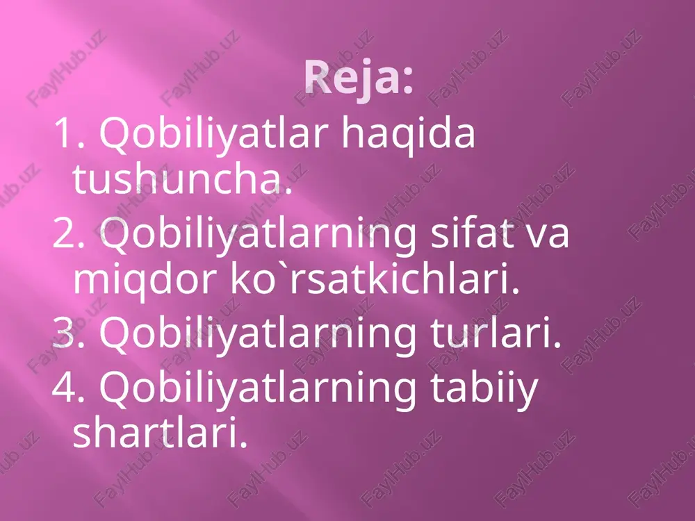 lmaydi. ammo psixologik tadqiqotlar va pedagogik tajribalarning ko`rsatishicha, ba`zan dastavval boshda nimalarnidir qila olmaydigan va buning natijasida atrofdagi boshqa odamlardan ajralib qolgan odam ta`lim olish jarayonida tez orada boshqalarni quvlab o`tib ketadi va ish ishining katta ustasi bo`lib etishadi. unda boshqalarga qaraganda ko`proq qobiliyatlar nomoyon bo`ladi. qobiliyatlar haqida tushuncha qobiliyatlar va bilim, ko`nikma va malakalar biri-biri bilan aynan bir narsalar emas. bilim, ko`nikma va malakalarga nisbatan odamning qobiliyatlari qandaydir imkoniyat tarzida nomoyon bo`ladi. erga tashlangan urug` ana shu urug`dan o`sib chiqishi mumkin bo`lgan boshoqqa nisbatan faqat imkoniyat bo`lgani kabi odamning qobiliyatlari bilim, ko`nikma va malakalarni egallash uchun faqat imkoniyat hisoblanadi. bu bilim, ko`nikma va malakalar egallanadimi yoki egallanmaydimi, imkoniyat haqiqatga aylanadimi yoki yo`qmi - bularning hammasi juda ko`p sharoitlarga bog`liqdir. bolada nomoyon bo`lgan musiqa qobiliyati uning musiqachi bo`lishiga hech bir kafolat bermaydi. bola musiqachi bo`lishi uchun unga maxsus ta`lim berilishi, qat`iylik, salomatligining yaxshi bo`lishi, musiqa asbobi, notalar va boshqa ko`p …