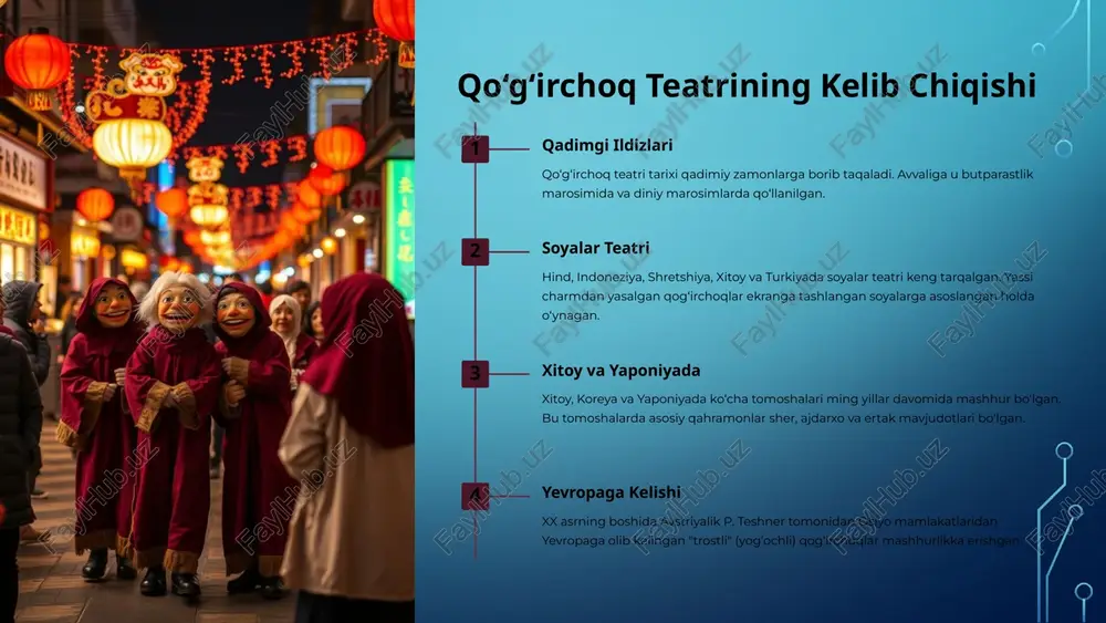 ‘irchoqlari bir barmoqqa kiyiladi va aktyorning barmog‘i qog‘irchoqning tanasini ifodalaydi. 4 obrazli qog‘irchoqlar bunday qog‘irchoqlar aktyorning tanasiga kiyiladi, qo‘llari qog‘irchoqbozning qo‘liga, oyoqlari esa oyoqlariga qadaladi. qog‘irchoqboz qayerga borsa, qog‘irchoq ham o‘sha yerga boradi. 4 qo‘g‘irchoq teatrining tarbiyaviy ahamiyati badiiy tarbiya qo‘g‘irchoq teatri orqali bolalar atrof olamni idrok qilishni, yaxshi va yomonni farqlashni o‘rganadi. qo‘g‘irchoqlarni tayyorlash qo‘g‘irchoq va dekoratsiyalarni tayyorlash jarayonida bolalarda qiziqish, sabr, tartib, tasavvur, diqqat va xotira rivojlanadi. mohirlikni rivojlantirish qog‘irchoq qismlarini kleylash, plastilindan qog‘irchoqlar yasash bolalarda mayda motorikasini takomillashtiradi. 5 qo‘g‘irchoq teatri: rivojlanishga yordam ko‘z xotirasi qog‘irchoqlarni tayyorlash jarayonida bolalarda ko‘z xotirasi, tasavvur, badiiy-ijodiy fikrlash rivojlanadi. nutq rivoji uyda qo‘g‘irchoq teatri bolaning nutqini, so‘z boyligini kengaytiradi. miya faoliyati barmoq qog‘irchoqlari bilan o‘ynash bolaning mayda motorikasini rivojlantiradi, bu esa miyaning turli qismlarini faollashtiradi. 6 maktabgacha bolalarning axloqiy-estetik sifatlarini shakllantirish 1 davlat siyosati 2 maktabgacha ta'lim o‘zbekistonda kechayotgan ijtimoiy-ma'naviy islohotlar, fan-texnika va ishlab chiqarishning tez rivojlanishi jamiyat talablariga javob bera …