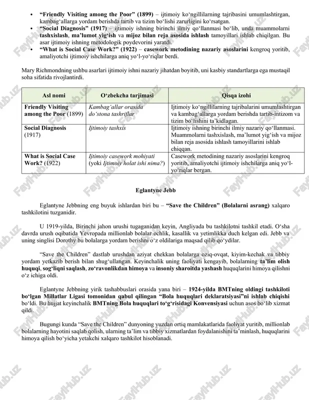 h metodidir. richmondning yondashuviga ko‘ra, ijtimoiy ishchi muammoni hal etishda faqat yordam yoki xayriya bilan kifoyalanmasligi, balki mijozning hayoti, shaxsiy tarixi, oilaviy sharoiti, sog‘lig‘i, psixologik holati va ijtimoiy muhitini ham batafsil o‘rganishi kerak. shu asosda individual reja ishlab chiqiladi va muammoni hal qilish bosqichma-bosqich amalga oshiriladi. casework metodida uchta asosiy bosqich mavjud: 1. diagnostika (social diagnosis) – mijozning muammosi, ehtiyojlari va resurslari haqida to‘liq ma’lumot yig‘ish. 2. rejalashtirish va aralashuv – muammoni bartaraf etish uchun individual dastur ishlab chiqish va amalga oshirish. 3. baholash – aralashuv natijalarini tahlil qilish va kerak bo‘lsa, qo‘shimcha yordam choralarini belgilash. mary richmond casework orqali ijtimoiy ishni oddiy xayriya faoliyatidan ilmiy va kasbiy sohaga aylantirdi. u ijtimoiy ishchining rolini “yordam beruvchi shaxs” emas, balki “mutaxassis maslahatchi va yo‘naltiruvchi” sifatida ta’rifladi. casework bugungi kunda ham ijtimoiy ishning asosiy metodlaridan biri bo‘lib, dunyoning deyarli barcha mamlakatlarida qo‘llanib kelmoqda. mary richmond asarlari orqali ijtimoiy ishni xayriya va ko‘ngillilikdan …