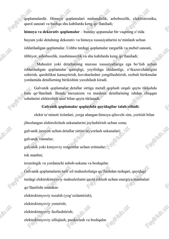yoki detallarning maxsus xususiyatlariga ega bo‘lish uchun ishlatiladigan qoplamalar qattiqligi, yeyilishga chidamligi, o‘tkazuvchanligini oshirish, qarshilikni kamaytirish, kovsharlashni yengillashtirish, rezbali birikmalar yordamida detallarning birikishini yaxshilash kiradi. galvanik qoplamalar detallar sirtiga metall qoplash orqali qayta tiklashda ham qo‘llaniladi. bunda mexanizm va mashina detallarining ishdan chiqqan sohalarini elektrolitik usul bilan qayta tiklanadi. galvanik qoplamalar qoplashda quyidagilar talab etiladi: elektr ta‘minoti tizimlari, yerga ulangan himoya qiluvchi sim, yoritish bilan jihozlangan elektrolizlash uskunalarini joylashtirish uchun xona; galvanik jarayon uchun detallar sirtini tayyorlash uskunalari; galvanik vannalar; galvanik yoki kimyoviy reagentlar uchun eritmalar; tok manbai; texnologik va yordamchi asbob-uskuna va boshqalar. galvanik qoplamalarni turli xil mahsulotlarga qo‘llashdan tashqari, quyidagi turdagi elektrokimyoviy mahsulotlarni qayta ishlash uchun energiya manbalari qo‘llanilishi mumkin: elektrokimyoviy tozalsh (yog‘sizlantirish); elektrokimyoviy yemirish; elektrokimyoviy faollashtirish; elektrokimyoviy silliqlash, pardozlash va boshqalar. manbadan foydalanishda umumiy va funksional darajasi texnologik jarayon samaradorligiga xususan, galvanik qoplamalar, ishlash va iqtisodiy ko‘rsatkichlar sifatiga bog‘liq. zamonaviy yarimo‘tkazuvchili elementlarning paydo bo‘lishi bilan yuqori quvvatli …