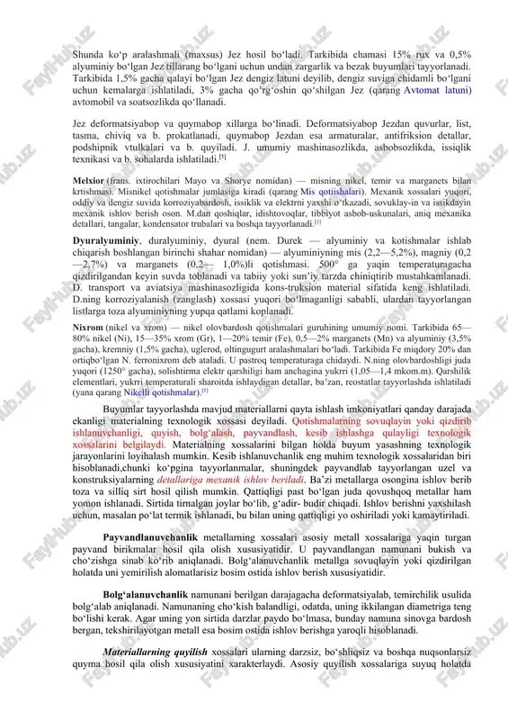 orat; 2) sanʼatda — qadimdan amaliy bezak va haykaltaroshlik asarlari xom ashyosi (qalayli bronza qoʻngʻiroqlar, oʻrta asrlarda xitoyda bronza idishlar quyishda kumush ham qoʻshilgan). bronza kukuni va yupqa taxtasi (soxta tilla) yogʻoch, suyak, metall, gips va hokazodan ishlangan buyumlarni hallash, qoplashda ishlatiladi. bronzaning qolipga quyilish xususiyati yaxshiligi tufayli (ishkalanishga yaxshi chidaydi, deyarli zanglamaydi va boshqalar) haykaltaroshlikning mayda qismlarigacha yaratish imkonini beradi; qayishqokligi, nafisligi, okuvchanligi, ortikcha mehnat talab kilmaydi; boʻrtib chiqqan hajmli mujassamot gʻovak, nisbatan yengil quyma olish imkonini beradi. bronza oksidlanib turgʻun rangga (koʻkdan toʻq jigarrang va qoragacha) ega boʻladi, bundan tashqari kimyoviy pardozga, hallash, sayqallash, toblash, zarblash, chizishga oson beriluvchan, bu esa buyumning rangi va sifatini rangbarang qilishga yordam beradi. amerika qoʻshma shtatlari jez, latun — asosan, mis bilan ruxdan (50% gacha) iborat qotishma. jez olish qadimdan (mil. av.) maʼlum. ilgari (18-asrgacha) misni pista koʻmir qoʻshilgan pyx rudasi bilan birga eritib jez olishgan, 19-asrga kelib misni toʻgʻridan-toʻgʻri pyx bilan …