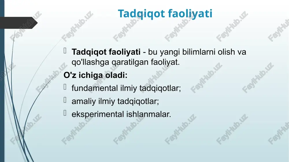 i aniqlash. 2. ularning o'ziga xos xususiyatlarini (tuzilishi, harakati, rivojlanish tarixi) aniqlash. 3. tizim va tamoyillarni, ya'ni pedagogik jarayonlar va hodisalar o'rtasidagi ob'ektiv tabiiy aloqalarni aniqlash. ilmiy tadqiqotning umumiy turlari fundamental tadqiqotlar bilimlarni qo'llashning amaliy samarasini hisobga olmasdan haqiqatni tushunishga qaratilgan. amaliy tadqiqotlar muayyan amaliy muammoni hal qilish uchun ishlatilishi kerak bo'lgan bilimlarni olish uchun amalga oshiriladi. monodisiplinar tadqiqotlar alohida fan (bu holda psixologiya) doirasida amalga oshiriladi. fanlararo tadqiqotlar turli soha mutaxassislarining ishtirokini taqozo etadi va bir qancha ilmiy fanlar kesishmasida olib boriladi. kompleks tadqiqot usullari va usullari tizimi yordamida amalga oshiriladi, ular orqali olimlar o'rganilayotgan voqelikning muhim parametrlarining maksimal (yoki optimal) mumkin bo'lgan sonini qamrab olishga intiladi. bir faktorli yoki analitik tadqiqot tadqiqotchining fikricha, voqelikning bir, eng muhim jihatini aniqlashga qaratilgan . maqsadiga eksperimental tadqiqotlar . ular hech kim ko'tarmagan yoki shunga o'xshash usul yordamida hal qilmagan muammoni hal qilish maqsadida amalga oshiriladi. tanqidiy tadqiqotlar. ular mavjud nazariyani, modelni, …