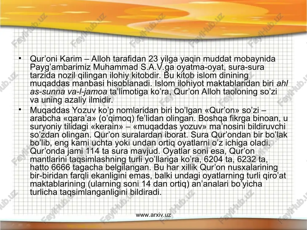 shistonga ko’chib ketgan vaqtda o’qilgan. bu suralarda allohning «rahmon» sifatida ko’p tilga olinganligi sababli yevropa olimlari ularni «rahmon suralari» deb ataganlar. www.arxiv.uz www.arxiv.uz 3. uchinchi makka davri (619 yil boshlaridan – 622 yil sentyabrigacha). bu davrda ham payg’ambarimiz muhammad s.a.v. va uning izdoshlari ta’qib ostida yashaganlar, maxfiy ravishda, ko’pincha shahardan tashqarida ibodatga to’planganlar. bu davr suralarida payg’ambarlar haqidagi asotir-hikoyatlarga keng o’rin berilganligi sababli, yevropalik olimlar bularga «payg’ambarlik suralari» deb nom berganlar. 4. tarixiy voqealarni aniqroq aks ettirishini e’tiborga olgan holda madinada tushirilgan 24 ta suraning nozil bo’lish davrini quyidagi besh bosqichga ajratish mumkin: www.arxiv.uz www.arxiv.uz a. i davr (622 yil oktyabridan 624 yilgacha). payg’ambarimiz muhammad s.a.v. madinaga ko’chib o’tganlaridan so’ng to makkaliklar bilan birinchi yirik to’qnashuv – badr jangigacha o’qilgan 4 sura bu davrga kiradi. b. ii davr (624 yil martidan 625 yil martigacha). bu davr badr jangidan to uhud jangigacha o’tgan bir yil mobaynida o’qilgan 3 surani o’z ichiga …