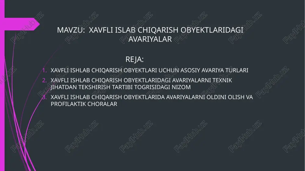 texnik asboblarning ishlamasligi, nosozlik yoki eskirishi sababli yuzaga keladi. ekologik avariyalar: xavfli moddalarning atrof-muhitga tarqalishi, suv manbalariga yoki havoga chiqishi. bu holatlar ekotizimga salbiy ta'sir ko'rsatishi mumkin sabablari : xavfli ishlab chiqarish obyektlarida avariyalar bir nechta sabablar tufayli yuzaga kelishi mumkin: texnik nosozliklar: asbob-uskunalarning eskirishi, nosozligi yoki noto'g'ri ishlashi. masalan, quvurlarni yorilishi yoki sovutish tizimining ishdan chiqishi. boshqaruvdagi xatolar: ishlab chiqarish jarayonlari va texnologiyalarni boshqarishda xatoliklar. bular xavfsizlik protokollariga rioya etmaslik, noto'g'ri parametrlar o'rnatish va boshqalar. inson omili: ishchilarning xavfsizlik qoidalariga rioya etmasligi yoki malakasizliklari. ko'pincha xatoliklar ishlab chiqarish xodimlarining tezkor qarorlari yoki ehtiyotkorlikning yetishmasligi sababli yuzaga keladi. tashqi omillar: tabii ofatlar (yer silkinishi, suv toshqinlari) yoki boshqa tashqi omillar ishlab chiqarish jarayonini buzishi mumkin. xavfli ishlab chiqarish obyektlaridagi avariyalarni texnik jihatdan tekshirish tartibi to‘g‘risidagi nizomni tasdiqlash haqida [o‘zbekiston respublikasi adliya vazirligi tomonidan 2014-yil 3-f1. xavfli ishlab chiqarish obyektlaridagi avariyalarni texnik jihatdan tekshirish tartibi to‘g‘risidagi nizom ilovaga muvofiq tasdiqlansin. mazkur …