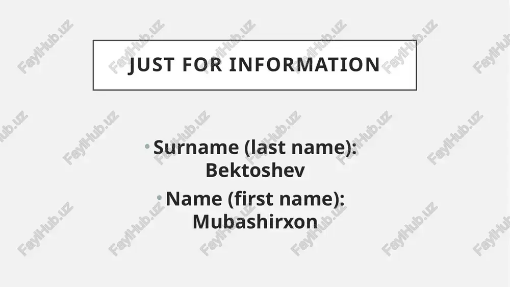 tda ko`plik –s qo`shimchasini qo`shish orqali yasaladi; but sometimes, there may be several changes to the suffix –s – lekin ba`zan –s qo`shimchasida o`zgarishlar bo`ladi; rule 1 (-s) - an apple – 2 apples; a book – 2 books; rule 2 (o,x,s,ss,sh,ch + es) – a bus – 2 buses; a box – 2 boxes; rule 3 (consonant + y + ies) – a city – 2 cities; a baby – 2 babies; rule 4 (vowel + y + s) – a boy – 2 boys; a monkey – 2 monkeys; rule 5 (-f/-fe + ves) – a knife – 2 knives; a leaf – 2 leaves; rule 6 (irregular plurals) – a man – 2 men; a foot – 2 feet; a sheep – 2 sheep; a deer – 2 deer; personal pronouns (kishilik olmoshlari) i – men; he – u (erkaklar va o`gil bolalar uchun); she – u …