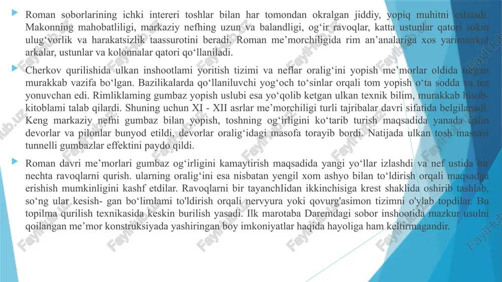 b hisob-kitoblami talab qilardi. shuning uchun xi - xii asrlar me’morchiligi turli tajribalar davri sifatida belgilanadi. keng markaziy nefni gumbaz bilan yopish, toshning og‘irligini ko‘tarib turish maqsadida yanada qalin devorlar va pilonlar bunyod etildi, devorlar oralig‘idagi masofa torayib bordi. natijada ulkan tosh massasi tunnelli gumbazlar effektini paydo qildi. roman davri me’morlari gumbaz og‘irligini kamaytirish maqsadida yangi yo‘llar izlashdi va nef ustida bir nechta ravoqlarni qurish. ularning oralig‘ini esa nisbatan yengil xom ashyo bilan to‘ldirish orqali maqsadga erishish mumkinligini kashf etdilar. ravoqlarni bir tayanchiidan ikkinchisiga krest shaklida oshirib tashlab, so‘ng ular kesish- gan bo‘limlami to'ldirish orqali nervyura yoki qovurg'asimon tizimni o'ylab topdilar. bu topilma qurilish texnikasida keskin burilish yasadi. ilk marotaba daremdagi sobor inshootida mazkur usulni qoilangan me’mor konstruksiyada yashiringan boy imkoniyatlar haqida hayoliga ham keltirmagandir. klermon-ferrand shahridagi notr-dam-dyu-por bazilikasi fransiyaning ovrn viloyatidagi eng mashhur romanesk uslubidagi cherkovlardan biri hisoblanadi. u 1998 yilda yuneskoning jahon merosi ro‘yxatiga kiritilgan. tarixi notr-dam-dyu-por bazilikasi …