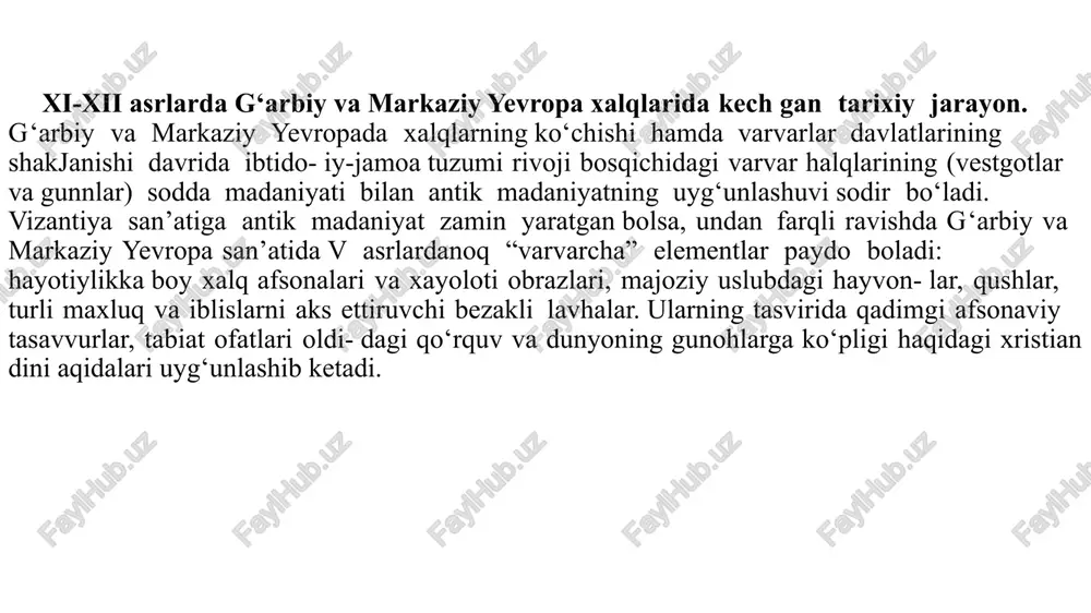 hovli joy olgan (fransuzchada - cloitre, nemischada - kreuzgang, ingliz tilida —cloister deb ataladi). uning atrofida monastirning boshlig‘i —abbatning uyi, monaxlar uchun yotoqxona (dormitoriy deb atalgan), ovqatlanish xonasi, oshxona, mu- sallas va pivo ishlab chiqarish binolari, non yopish xonasi, omborxona va og‘ilxonalar, ishchilar uchun turar joylar, shifokor uyi, ziyortchilar- ga mo‘ljallangan maxsus uy va oshxonalar, kasalxona, bilim maskani va qabriston o‘rin olgan. bugungi kunda o‘rta asr kishisi uchun ibodatxonaning ahamiyati qanday bo‘lganligini tasavvur etish mushkul. 0 ‘rta asrlarda cherkov hududdagi yagona toshdan bunyod bolgan yirik inshoot hisoblan- gan. uning minorasi esa uzoqdan kelayotgan yo‘lovchi uchun yagona moljal manbasi sanalgan. yakshanba kunlari mahalliy aholi faqirona kulbalarini tashlab viqor va salobat bilan turgan, boy rangtasvir, amaliy san’at namunalari bilan bezatilgan cherkovga ibodatga kelishgan va bu ziddiyat ulaming idrokiga kuchli ta’sir ko'ysatgan. hattoki, uzoq yillar davom etgan qurilish ishlari ham shaharliklar hayotida muhim o‘ringa ega bolgan. 0 ‘rta asrlaming “qorong‘u yillari” antik an’analarini …