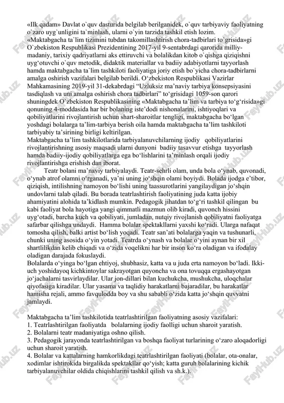 ini rivojlantiradi, intellektual qobiliyatlarini oshiradi. maktabgacha yosh-shaxsning dastlabki kamol topish davridir. har bir bola shaxsining rivojlanishi, jumladan ijodiy qobiliyatlarini shakllantirishda uni adabiyotga, san`atga qiziqish va xalqimizning boy madaniy merosiga nisbatan hurmatni tarbiyalash vazifalarini amalga oshirishda pedagog yetakchi rol o`ynaydi. maktabgacha yoshdagi bolalarda ijodiy qobiliyatlarini shakllantirishda tarbiyaning turli metodlarini qo`llash va «ilk qadam» davlat o`quv dasturida belgilab berilganidek, o`quv tarbiyaviy faoliyatning o`zaro uyg`unligini ta`minlash, ularni o`yin tarzida tashkil etish lozim. «maktabgacha ta`lim tizimini tubdan takomillashtirish chora-tadbirlari to`grisida»gi o`zbekiston respublikasi prezidentining 2017-yil 9-sentabrdagi qarorida milliy-madaniy, tarixiy qadriyatlarni aks ettiruvchi va bolalikdan kitob o`qishga qiziqishni uyg‘otuvchi o`quv metodik, didaktik materiallar va badiiy adabiyotlarni tayyorlash hamda maktabgacha ta`lim tashkiloti faoliyatiga joriy etish bo`yicha chora-tadbirlarni amalga oshirish vazifalari belgilab berildi. o‘zbekiston respublikasi vazirlar mahkamasining 2019-yil 31-dekabrdagi “uzluksiz ma’naviy tarbiya konsepsiyasini tasdiqlash va uni amalga oshirish chora tadbirlari” to‘grisidagi 1059-son qarori shuningdek o`zbekiston respublikasining «maktabgacha ta’lim va tarbiya to‘g‘risida»gi qonuning 4-moddasida har bir bolaning iste’dodi nishonalarini, …