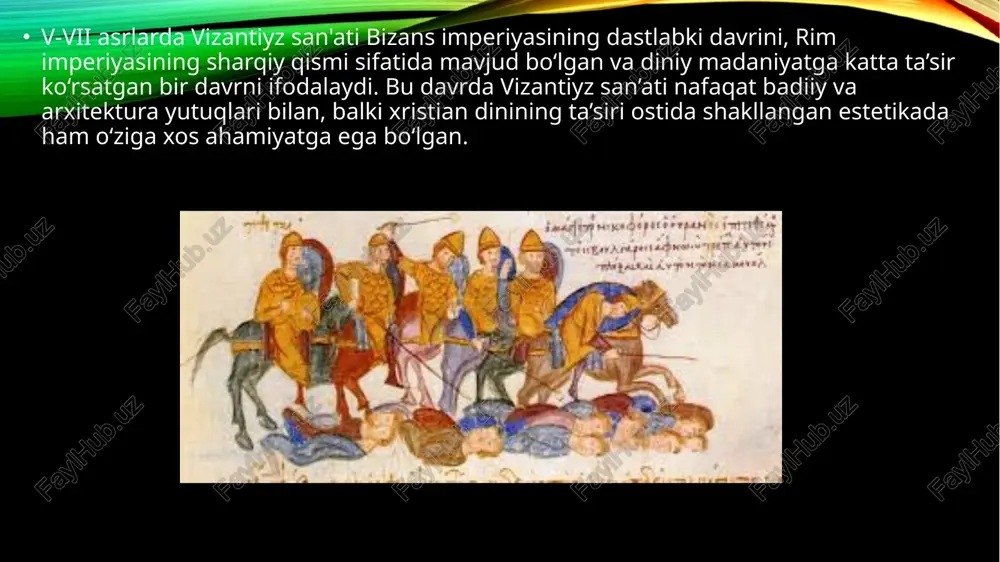 rim» deb nom olgan bu shaharda mahobatli qurilish san'ati rivojlandi, hashamatli monastir va ibodatxonalar majmuasi barpo etildi. bu davr me'morchilik san'atida bazilika va keyinroq xoch-gumbaz tiplari qollanildi. ayniqsa, vizantiya ijtimoiy ma'muriy binolari sodda, vazmin ko‘rinsada, lekin ichi keng, nihoyatda nafis va serhashamdir. m e’mor interyer uchun yorqin, serjilo marmar, oltin va shunga 0‘xshash qimmatbaho materiallardan keng foydalangan. xona ichida nur va soyaning m olligi unga alohida sirlilik baxsh etgan ilk vizantiya ibodatxonasining namunasi — ravennadagi sant apollinare nuovo ibodatxonasida bu belgilaro‘z ifodasini topgan. ibodatxonaning markaziy nefi tepadagi darchalardan tushayotgan nurlarhisobigayanada tantanavor bo‘lib, yon neflar ustunlarining ritmini yanada oshiradi. asosiy diqqatni diniy marosimlar o ‘tkazi!adigan maydonga yo‘naltiradi. ravennadagi markaziy qubbali san vitale chcrkovining (521-547) ichki qismi devor va pollari rangga boy mozaika bilan bezatilgan, rangli marmar bilan pardozlangan. vizantiya me'morchiligi uslubi grek va rim me'm orchiligi an'analarining mahalliy an'analar bilan uyg‘unlashishidan vujudga keldi. konstantinopoldagi vizantiya imperiyasining avliyo sofiya bosh ibodatxonasi 532-537 …