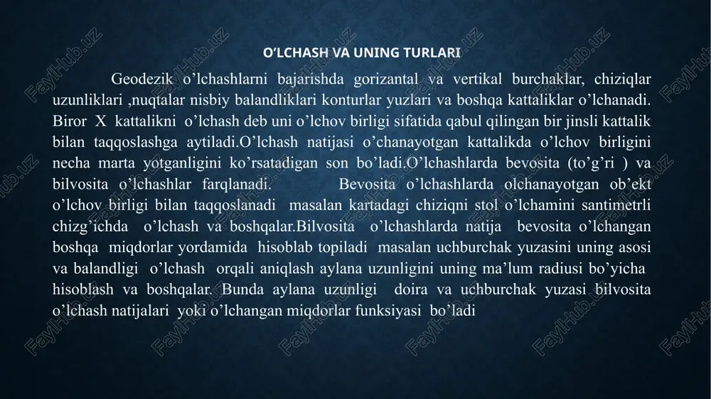 itda bir xil aniqlikdagi asboblar bilan bir xil malakali shaxslar tomonidan bajarilgan bo’lsa olingan natija teng aniqli bu shartlardan birontasi bajarilmay topilgan natijalar esa teng aniqsiz deyiladi ular xar hil o’rta kvadratik xatolikka ega bo’ladi. o’lchash xatolari to’g’risida tushuncha bir kattalikni ko’p marta o’lchash qanchalik tirishqoqlik bilan bajarilsa ham uning natijalari bir-biridan va bu kattalikni haqiyqiy o’lchamlaridan bir muncha farq qiladi.agar o’lchash mukammal asboblar usullarda tajribali kuzatuvchilar tomonidan qulay tashqi muhitda bajarilsa ularning izlanayotgan natijalari absalyut miqdori bo’yicha kichikroq xatoliklarga ega bo’ladi. lekn bunday holda ham hatoliklar tasirida qurulish mumkun emas. shu sababli o’lchashlar zaruriy aniqlikda bajarilishi kerak ortiqcha aniqlikka erishish kerak. harajatlarga yetarli bo’lmagan aniqlik esa kutulmagan oqibatlarga olib kelishi mumkun. o’lchash natijasi 1 bilan o’lchangan kattalikning aniq qiymati x orasidagi farq xatolik deyiladi a=1-x(1) xatoliklar kelib chiqishiga qarab quydagi uch turga bo’linadi 1.qo’pol xatolik – xatoliklar qatorida absalyut qiymati bo’yicha boshqalardan katta farq qiladigan miqdorga aytiladi. masalan, chiziqni …