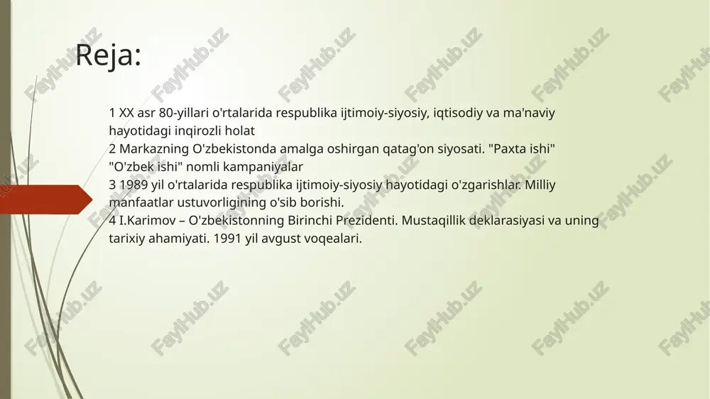 tga rahbarlik qilishning ma’muriy-buyruqbozlik usullariga zo’r berilib, ishlab chiqaruvchi kuchlarni rivojlantirishga yaroqsiz yondoshuvlarning tobora kuchayib borishi; respublika sobiq markazdagi sanoat vazirliklari va idoralarining mo’may xom asgyo manbai sifatida qarab kelinishi; o’lkaning mahalliy, ijtimoiy-iqtisodiy xususiyatlariga ba’zan yetarlicha, ba’zan mutlaqo baho berilmagani, ba’zan esa bu xususiyatlarning pisand ham qilinmagani. iqtisodiy va ijtimoiy sohani kompleks, jadal rivojlantirishning, umumittifoq mehnat taqsimotida o’zbekistonning mavqei va o’rnini o’zgartirishning muqobil yo’llari e’tiborga olinmagani. qayta qurishning 1-bosqichi (1985-1987-yillar) • ma’muriy-tashkiliy tadbirlar avvalgidek buyruqbozlik asosida olib borildi • bu bosqichdagi vazifa – ilmiy texnika taraqqiyoti yutuqlarini ishlab chiqarishga jalb etish asosida jamiyatda tub iqtisodiy taraqqiyotni jadallashtirish va uning asnosida inson omilini faollashtirish edi • qayta qurishning dastlabki davrlarida asosiy e’tibor iqtisodiyotni rivojlantirishga qaratildi • 1986 yildan mamlakat iqtisodiy ahvoli yomonlashdi, 1987 yil yanvaridan ishlab chiqarish sur'atlari keskin pasaydi. 1 - bosqich mag'lub bo'ldi qayta qurishning 2-bosqichi (1987-1990-yillar) qayta qurishning 2-bosqichi (1987-1990-yillar) • 80-yillar 2-yarmida iqtisodiy inqiroz boshlandi. markaz o'z …