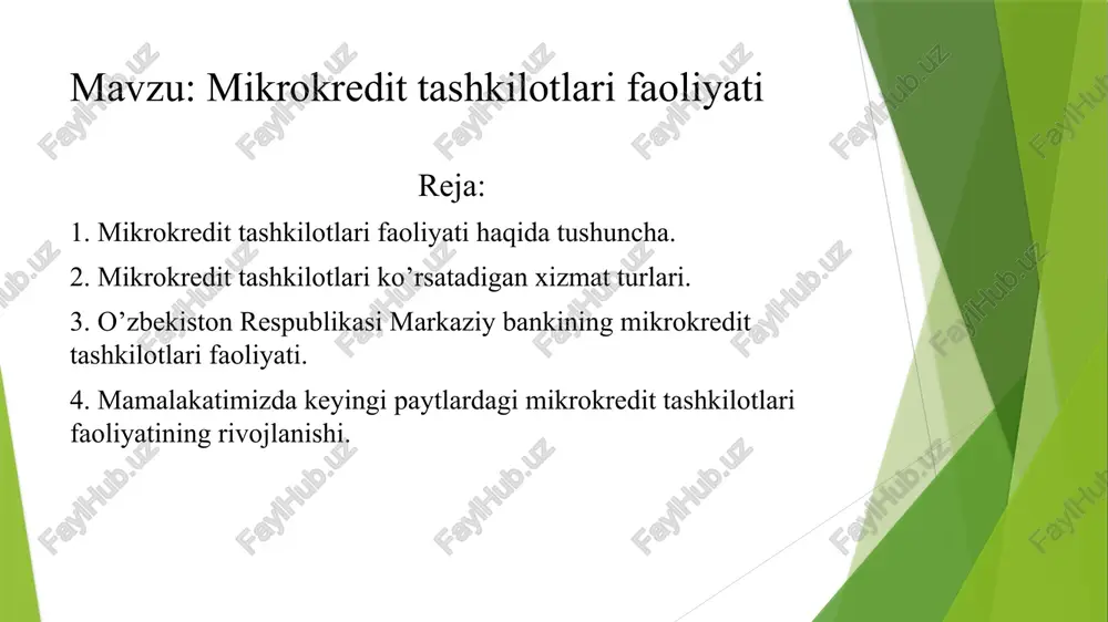 uriyatlarini sotib olish va sotish (faktoring); - mikrokredit tashkiloti lizing beruvchi sifatida ishtirok etadigan mikrolizing (moliya ijarasi) berish; - qonun hujjatlariga muvofiq boshqa turdagi mikromoliyaviy xizmatlar ko'rsatish mikrokredit - qarz oluvchiga tadbirkorlik faoliyatiniamalga oshirish uchun eng kam ish haqining ming baravari miqdoridan oshmaydigan summada to’lovlilik,muddatlilik va qaytarish shartlari asosida beriladigan pul mablag’laridir. mikroqarz - mikrokredit tashkilotlari tomonidan jismoniy shaxs bo’lgan qarz oluvchiga eng kam ish haqining yuz baravari miqdoridan oshmaydigan summada muddatlilik va qaytarish shartlari asosida, shartnomada nazarda tutilgan hollarda esa to’lovlilik sharti asosida hamberiladigan pul mablag’laridir. mikrolizing- mikromoliyaviy xizmatlar ko‘rsatuvchi tashkilot tomonidan lizing oluvchining topshirig'iga binoan uchinchi tarafdan mol-mulk olish hamda unga egalik qilishva foydalanish uchun lizing oluvchiga shartnomada belgilangan shartlar asosida haq evaziga berish nazarda tutiladigan xizmatdir. mikrokredit tashkiloti: qarz majburiyatlarini chiqarishga hamda yuridik va jismoniy shaxslardan omonatlar (depozitlar) qabul qilishga; jismoniy shaxslardan qarz mablaglarini jalb qilishga,bundan o'z muassislari (ishtirokchilari, mulkdorlari)mustasno; o'z muassislarining (ishtirokchilarining, mulkdorlari-ning) majburiyatlari bo'yicha kafil …