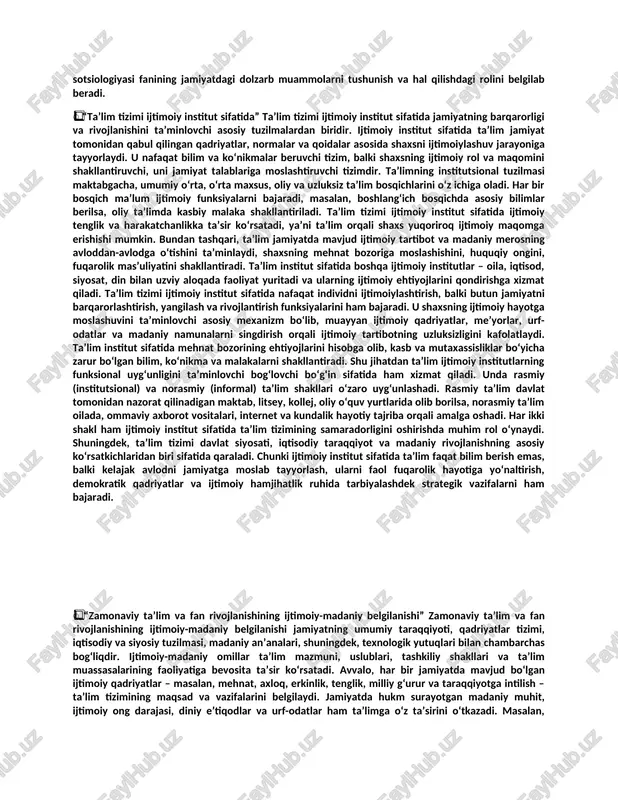 limni ijtimoiy institut sifatida tushunish, ijtimoiy funksiyalarini tahlil qilish va asosiy sotsiologik yondashuvlarni o‘rganish; ikkinchisi – taʼlim tizimining ijtimoiy strukturadagi o‘rni va uning ijtimoiy harakatchanlikka ta’sirini tahlil qiluvchi bo‘lim; uchinchisi – taʼlim muassasalari, o‘qituvchilar va o‘quvchilar o‘rtasidagi ijtimoiy munosabatlarni o‘rganishga qaratilgan bo‘lim; to‘rtinchisi – taʼlimga oid siyosat, islohotlar va ularning ijtimoiy oqibatlarini o‘rganuvchi bo‘lim. ushbu struktura fan doirasida har bir yo‘nalishni tizimli va chuqur o‘rganish imkonini beradi. taʼlim sotsiologiyasining vazifalari esa jamiyatdagi taʼlim jarayonini ijtimoiy nuqtai nazardan o‘rganish, taʼlim orqali shaxsning ijtimoiylashuvi, ijtimoiy tenglik va harakatchanlikni ta’minlashda qanday rol o‘ynashini aniqlash, ijtimoiy guruhlarning taʼlimga kirish imkoniyatlaridagi farqlarni tahlil qilish, taʼlim tizimidagi mavjud muammolarni aniqlab, ularni bartaraf etishga doir ilmiy tavsiyalar ishlab chiqish, taʼlim siyosatining samaradorligini baholashdan iboratdir. bundan tashqari, fan taʼlimda madaniy qadriyatlarning uzatilishi, ijtimoiy nazoratning amalga oshirilishi, jamiyat ehtiyojlariga mos taʼlim mazmuni va shakllarining rivojlanishini tahlil qilish vazifasini ham bajaradi.taʼlim sotsiologiyasi strukturasi tarkibida maktab sotsiologiyasi, oliy taʼlim sotsiologiyasi, taʼlimdagi …