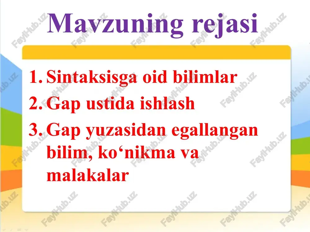 adi ( gapdan tashqari bir necha ma’no ifodalash mumkin). gap ustida ishlash. dasturga ko‘ra, 1-sinfda o‘quvchilarga gap haqida elementar tushunchalar beriladi. gap tugallangan fikr bildirishi, gap so‘zlardan tashkil topishi, uning oxiriga ma’lum tinish belgilari qo‘yilishi haqida amaliy ma’ lumotlar beriladi. 2-sinfda esa o‘quvchilar gap haqida amaliy tushunchalar oladilar. ular gapdan shu gap kim yoki nima haqida aytilganini va u haqda nima deyilganini bildirgan so‘zni ajratishga o‘rganadilar. aslida gapning grammatik asosi ustida ishlash mana shundan boshlanadi va bu bosh bo‘laklarni o‘rganishga muqaddima bo‘ladi. gap yuzasidan o‘quvchilarga quyidagi bilimlar hosil qilinadi: 1. gap haqidagi grammatik tushuncha shakllantiradi (til birligi bo‘lgan gapning muhim belgilari: fikr ifodalashi, kishilar o‘zaro gap orqali muloqotga kirishishi). 2. gap qurilishi haqida tushuncha beriladi ( gapda so‘zlarning bog‘lanishi, gapning grammatik asosini, bosh bo‘laklar: ega va kesim; ikkinchi darajali bo‘laklar). 3. gapning maqsadga ko‘ra turlari (darak gap, so‘roq gap, buyruq gap, his-hayajon gap) bosh bo‘laklar ikkinchi darajali bo‘laklar aniqlovchi ega …