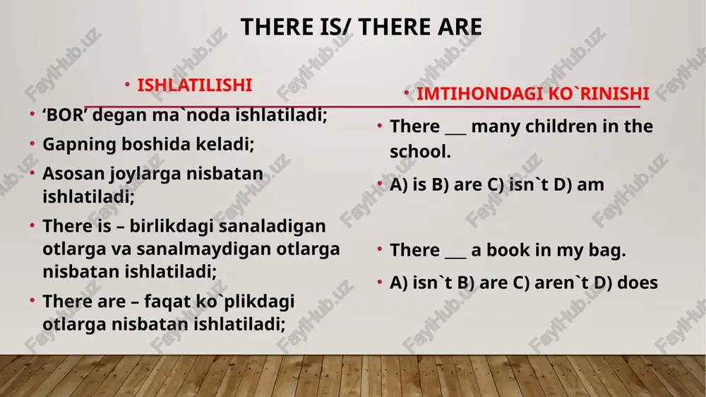 ca. a) can`t b) cannot c) should d) can prepositions of place ishlatilishi o`rin-joyni bildiradi; gapda odatda oxirida o`rin-joyni bildiruvchi so`zdan oldin keladi; in – ichida; on – ustida; between – o`rtasida; under – tagida; next to – yonida; opposite – ro`parasida; in front of – oldida; imtihondagi ko`rinishi there is not anything ___ my bag. a) on b) next c) in d) behind the cat is ___ the bed. a) in b) under c) between d) in front prepositions of time ishlatilishi vaqtni bildiruvchi predloglar; in – fasllar, oylar, yillar, asrlar, kunning 3 ta qismi (morning, afternoon, evening) bilan; on – hafta kunlari, oylar sanasi bilan; at – soatlar bilan, night, midnight, noon, weekend … kabi so`zlar bilan; imtihondagi ko`rinishi i don`t go to work ___ sunday. a) in b) on c) at he was born ___ 2004. a) in b) on c) at present simple har doim takrorlanuvchi …