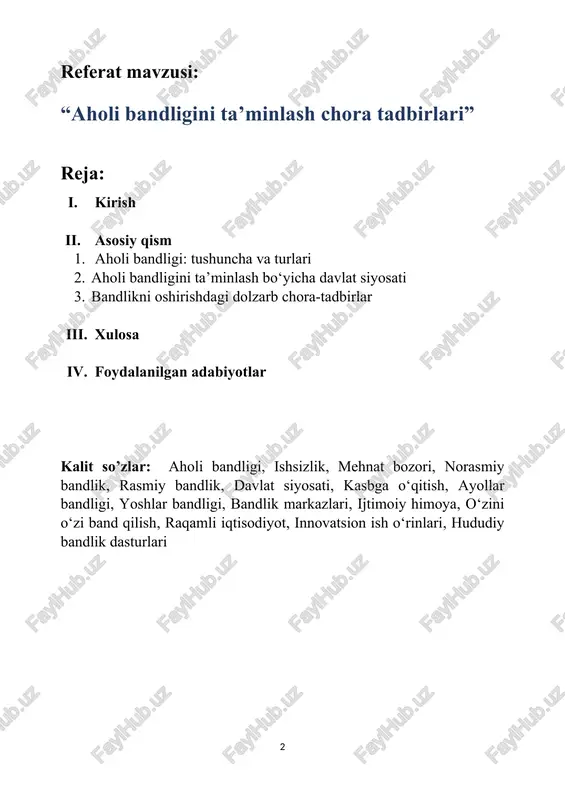 ibatlarga olib keladi. aholining bandlik darajasi va iqtisodiy barqarorlik o‘rtasida bevosita bog‘liqlik mavjud. iqtisodiy o‘sishning muhim manbai bo‘lgan inson kapitalining to‘liq jalb qilinmasligi natijasida mamlakat salohiyati to‘liq namoyon bo‘lmaydi. shuningdek, bandlik orqali aholining daromadi oshadi, bu esa ichki iste’mol bozorining kengayishiga, soliq tushumlarining ortishiga va umuman iqtisodiyotning faollashishiga olib keladi. mehnatga layoqatli aholining bandligi darajasi yuqori bo‘lgan jamiyatlarda kambag‘allik darajasi past, ijtimoiy himoya kuchli va siyosiy barqarorlik mustahkam bo‘ladi. shu sababli, har bir rivojlanayotgan davlat uchun bandlikni ta’minlash masalasi ustuvor yo‘nalishlardan biri bo‘lib qolmoqda. o‘zbekiston respublikasida ham so‘nggi yillarda aholi sonining tez sur’atlar bilan ortib borayotgani fonida bandlik muammosining ahamiyati yanada oshmoqda. ayniqsa, yoshlar va ayollar bandligini ta’minlash, ularni kasb-hunarga o‘rgatish, mehnatga bo‘lgan huquqlarini kafolatlash, norasmiy bandlikni qisqartirish kabi masalalar dolzarb bo‘lib qolmoqda. o‘zbekiston aholisining yarmidan ko‘pini 30 yoshgacha bo‘lganlar tashkil etadi, bu esa mehnat bozoriga yangi ishchi kuchining doimiy kirib kelishini anglatadi. bunday sharoitda mavjud ish o‘rinlari sonining yetarli …