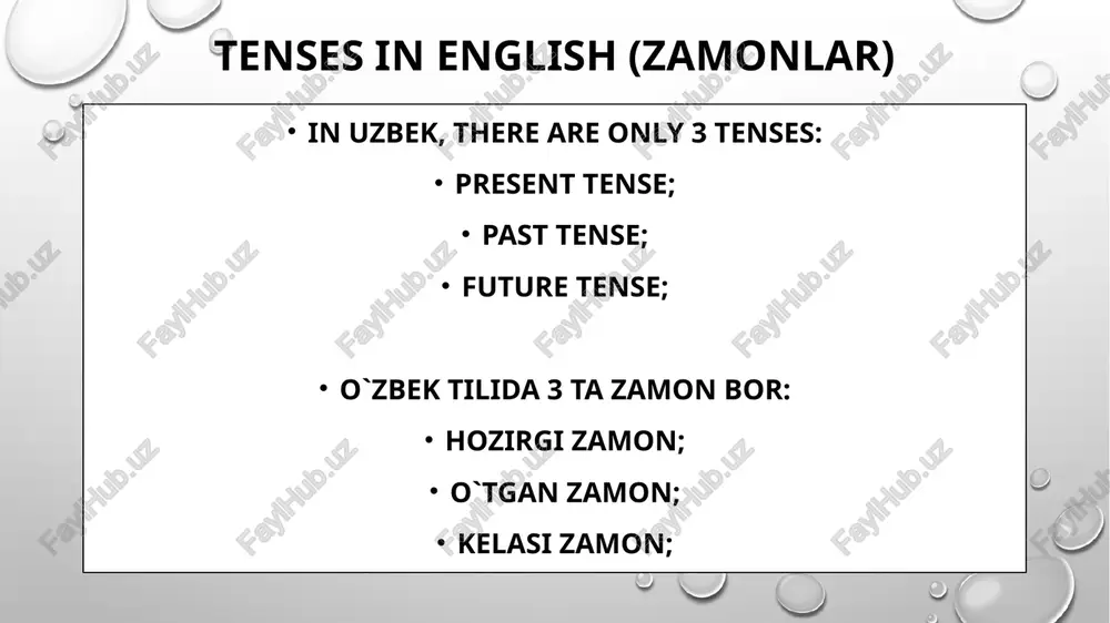 t form of to be in present simple: subject + am/is/are + object + place + time biz uydamiz. we are at home. present simple (question) do/does + subject + verb + obj + … ? do you speak english ? does he speak english? do – i, we, you, they does – he, she, it yes, i do / yes, he does. no, we don`t / no she doesn`t am/is/are + subject + obj + …? is he a doctor? are they at home? is – he, she, it are – we, you, they yes, i am / yes, he is. no, we aren`t / no she isn`t present simple (negative) subject + do/does + not + verb + obj + … you do not speak english. he does not speak english. do – i, we, you, they does – he, she, it do not = don`t does not …