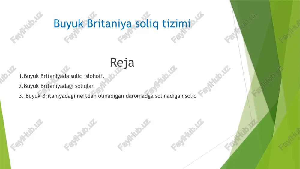 t.dan kam bo’lgan kompaniyalar 24% merosdan olinadigan soliq(200000 f.st.dan yuqori) 40% qqs 17,5% aksiz har xil gerb yig’imi 0,5-2% neftdan olinadigan daromadga solinadigan soliq shimoliy dengizda neft qazib oladigan kompaniyalarga maxsus soliq tartibi o‘rnatiladi. bu kompaniyalar neftli korporatsiya solig’ini (petrollum revenuetax) 75%ii stavka bilan to’laydilar. lekin ular umumiy korporatsion soliqni to’lashdan ozod qilinmaydilar. qqs solig’i buyuk britaniya qonunchiligida qo‘shilgan qiymat solig’ini to’lovchilar guruhi qat’iy belgilangan. ular asosan tovar sotuvchi va xizmat ko'rsatuvchi shaxslar hisoblanadi. hozirgi vaqtda mamlakatda soliqni 3 ta stavkasi qo’llaniladi: 0; 8 va 17,5%. xulosa buyuk britaniyadagi soliq turlari o’zbekistondagi soliq turlaridan kam. buyuk britaniyadagi soliq stavkalari tabaqalashtirilgan. bu esa aholi tomonidan norozilikga olib kelmaydi o’zbekistondagi soliq stavkalrini tabaqalashtirsa to’g’ri qaror bo’ladi. tabaqalashtirishning asosiy sababi ko’p foyda (daromad) olgan yuridik(jismoniy) shaxs boshqa yuridik (jismoniy) shaxslarga nisbatan ko’proq soliq to’lashi kerak . e’tiboringiz uchun rahmat image1.png /docprops/thumbnail.jpeg