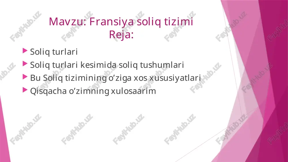 ingan daromad(divedendlar va foizlar) qayta sotishdan olingan daromad(imoratni va qimmat baho qog’ozni) aksioner jamiyat bo’lmagan korxonaishlab chiqarish va savdo faoliyatidan olingan daromad. tijorat xususiyatiga ega bo’lmagan daromadlar( erkin kasb egalarining daromadlari. qishloq xo’jaligining daromadlari.bu 7 tur bo’yicha alohida daromad solig’ini hisoblash usullari mavjud. mol-mulkka solinadiga soliq tizimi fransiya byudjetiga mulkka solinadigan soliq yirik daromad keltiradi. mol mulk solig’iga sanoat, imorat ,qishloq xo’jaligi korxonalari,ko’chirib bo’ladigan mol-mulk, aksiya, abligatsiya, qimmatli qog’ozlar va boshqalar .mol-mulkni ayrim turlari to’liq yoki qisman bu soliqdan ozod etiladi. misol uchun 1- kasbiy faoliyatga taaluqli bo’lmagan mol mulk 2-ayrim qishloq xo’jalik mol mulkalari 3-badiiy buyumlar va koleksiya buyumlari kredit funksiyalarini to’laqonli amal qilishda uning tamoyillari: muddatlilik tamoyili to’lovlilik tamoyili ta’minganlik tamoyili qaytarishlilik tamoyili maqsadlilik tamoyili mol-mulkka solinadigan soliq stavkalari mol-mulk qiymati frankda soliq stavkalari % 4260000 gacha 0 4260001dan 6920000 gacha 0.5 6920001dan 13740000 gacha 0.7 13740001dan 21320000 gacha 0.9 21320001dan 41280000 gacha 1.2 41280000 dan ortig’i 1.5 …