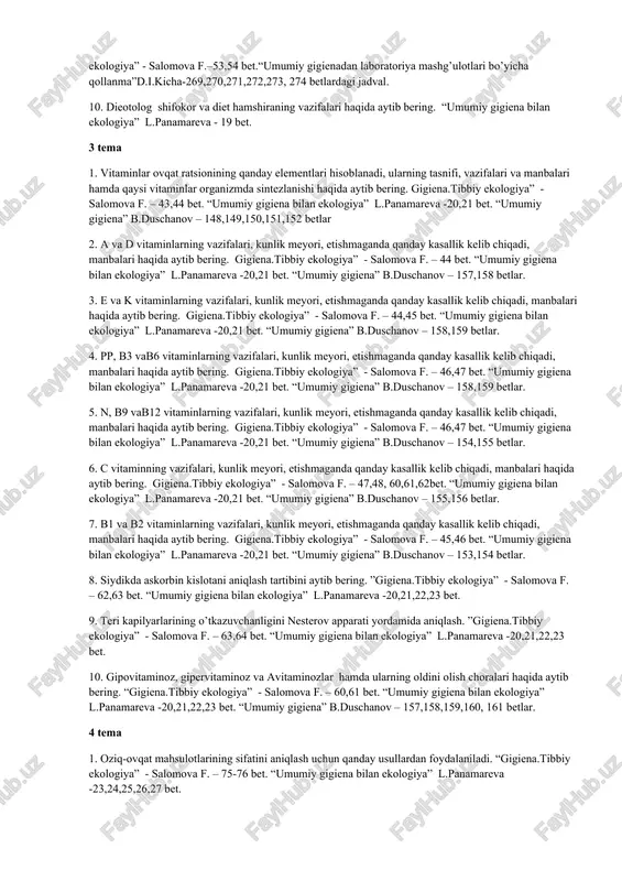 -269,270,271,272,273, 274 betlardagi jadval. 5. parhez ovqatlardan 6,7,7a,7b – raqamli parhezlar qanday kasalliklarga mo’ljallangan, ularning maqsadi, kaloriya miqdori, qanday ovqatlar tavsiya qilinadi va cheklanadi va ovqatlanish tartibi. “gigiena.tibbiy ekologiya” - salomova f.–53,54 bet.“umumiy gigienadan laboratoriya mashg’ulotlari bo’yicha qollanma”d.i.kicha-269,270,271,272,273, 274 betlardagi jadval. 7. parhez ovqatlardan 8,9,10 – raqamli parhezlar qanday kasalliklarga mo’ljallangan, ularning maqsadi, kaloriya miqdori, qanday ovqatlar tavsiya qilinadi va cheklanadi va ovqatlanish tartibi. “gigiena.tibbiy ekologiya” - salomova f.–53,54 bet.“umumiy gigienadan laboratoriya mashg’ulotlari bo’yicha qollanma”d.i.kicha-269,270,271,272,273, 274 betlardagi jadval. 8. parhez ovqatlardan 11,11m,n,12, – raqamli parhezlar qanday kasalliklarga mo’ljallangan, ularning maqsadi, kaloriya miqdori, qanday ovqatlar tavsiya qilinadi va cheklanadi va ovqatlanish tartibi. “gigiena.tibbiy ekologiya” - salomova f.–53,54 bet.“umumiy gigienadan laboratoriya mashg’ulotlari bo’yicha qollanma”d.i.kicha-269,270,271,272,273, 274 betlardagi jadval. 9. parhez ovqatlardan 13,14,15 – raqamli parhezlar qanday kasalliklarga mo’ljallangan, ularning maqsadi, kaloriya miqdori, qanday ovqatlar tavsiya qilinadi va cheklanadi va ovqatlanish tartibi. “gigiena.tibbiy ekologiya” - salomova f.–53,54 bet.“umumiy gigienadan laboratoriya mashg’ulotlari bo’yicha qollanma”d.i.kicha-269,270,271,272,273, 274 …