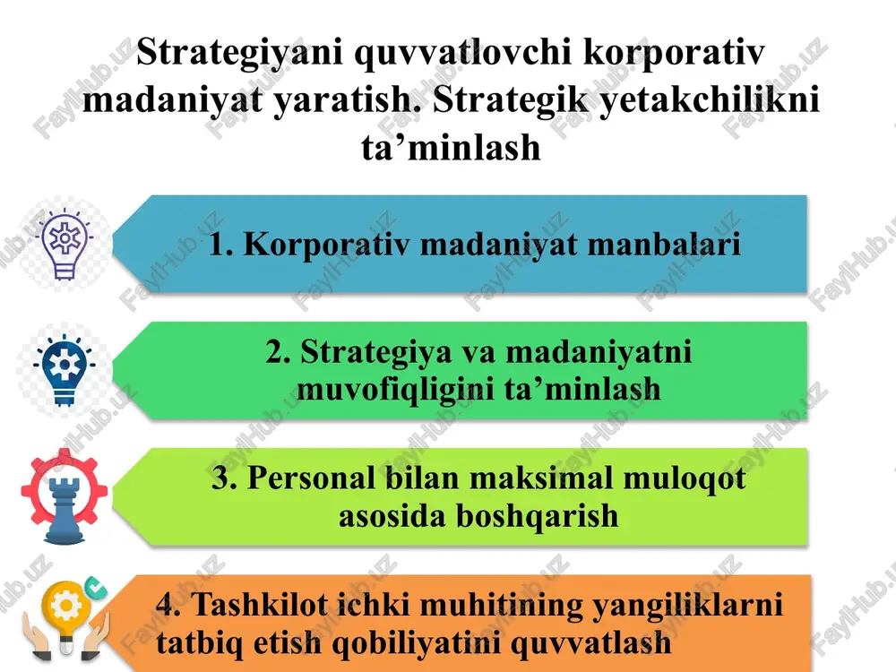 unasi bo‘lib, uning samaradorligi qimmatli deb hisoblash uchun va guruhning yangi a’zolariga aytib o‘tilgan muammolarni to‘g‘ri idrok etish va ko‘rib chiqish tizimi sifatida yetarli bo‘lib chiqadi. “korporativ madaniyat” bo‘lgan atama xix asrda kiritilgan. nemis feldmarshali va harbiy nazariyotchi moltke ofitserlar muhitidagi munosabatlarga va hozirgi ma’nosini 20 da 1 bolgan atamaga 80-yillarda asos soldi. v.ouchining “z nazariyasi” (1982) ham korporativ madaniyatni shakllantirish jarayonida muhim rol o‘ynagan tadqiqotlardan biri hisoblanadi. u mantiqan x va y nazariyasining davomi bo‘lib, liderlik qobiliyatining korporativ madaniyatni shakllantirishda qo‘llash fikrini ilgari suradi. tashkiliy madaniyatning kompaniya faoliyatiga ta’sirining xususiyatlarini e.pettigryu, s.feldman, j.barni, m.fersirota, f.riger, shvarts va devis, t.parsons, j.kotter va j.xesket va boshqalar o‘rgandilar. tashkiliy madaniyatni baholash mezonlari 1996 yilda milliy standartlar va texnologiyalar institutida p. reygan va m. milter tashabbusi bilan ishlab chiqilgan hujjatlar edi. korxonalarda hukm suruvchi korporativ madaniyat turlarining xususiyatlari 8 avtokratik qat’iy ierarxiya, barcha qarorlar yuqori boshqaruv bilan kelishilgan holda chiziqli va funktsional menejerlar …