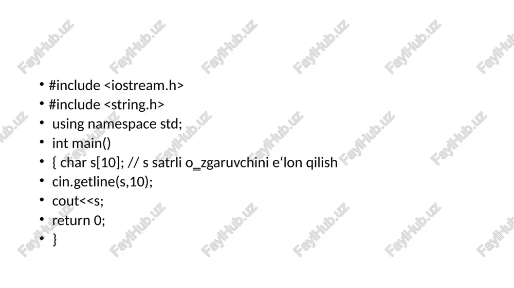 ’}); belgili char turdagi massivlardan satr hosil qilish mumkin: char a[ ]=“salom”; string s(a); satr elementiga murojat va qiymatini o’zgartirish 1. string a{“davlat”}; cout <<a[0] <<endl; a[0]=‘s’; cout<<a; 2. string a{“satr”}; cout << a.at(0) << a.at(2) << endl; a.at(0) = ‘d’; a.at(2) = ‘v’; cout<< a; 3. iterator tuzilmasidan foydalanib qiymatni o’zgartirish string a=“satr”; string :: iterator it = a.begin(); cout << *(it+2) <<endl; (it+2) = ‘b’; cout <<a<<endl; satr o’zgaruvchisini bo’shatish uchun clear() funksiyasidan yoki o’zgaruvchiga “ “ bo’sh qiymat berish mumkin string s{“london”}, d{“moskva”}; cout<<s.size()<<endl; cout<< d.size(); s.clear( ); d=“ “; cout <<s.size() <<endl; cout<<d.size(); satr ohiriga yangi belgi qo’shish yoki satr ohiridagi belgini o’chirish uchun push_back() va pop_back() a’zo funksiyalardan foydalaniladi string s{“12345”}; s.push_back(‘7’); s.pop_back() append(n, b) n ta b belgisini qo’shadi append(s) – s satrni qo’shadi append(s, k, n) – s satrning k o’rnidan boshlab n ta belgisini qo’shadi append({a, b, c)}-a,b,c belgilarni ketma ket ko’rsatilgan …